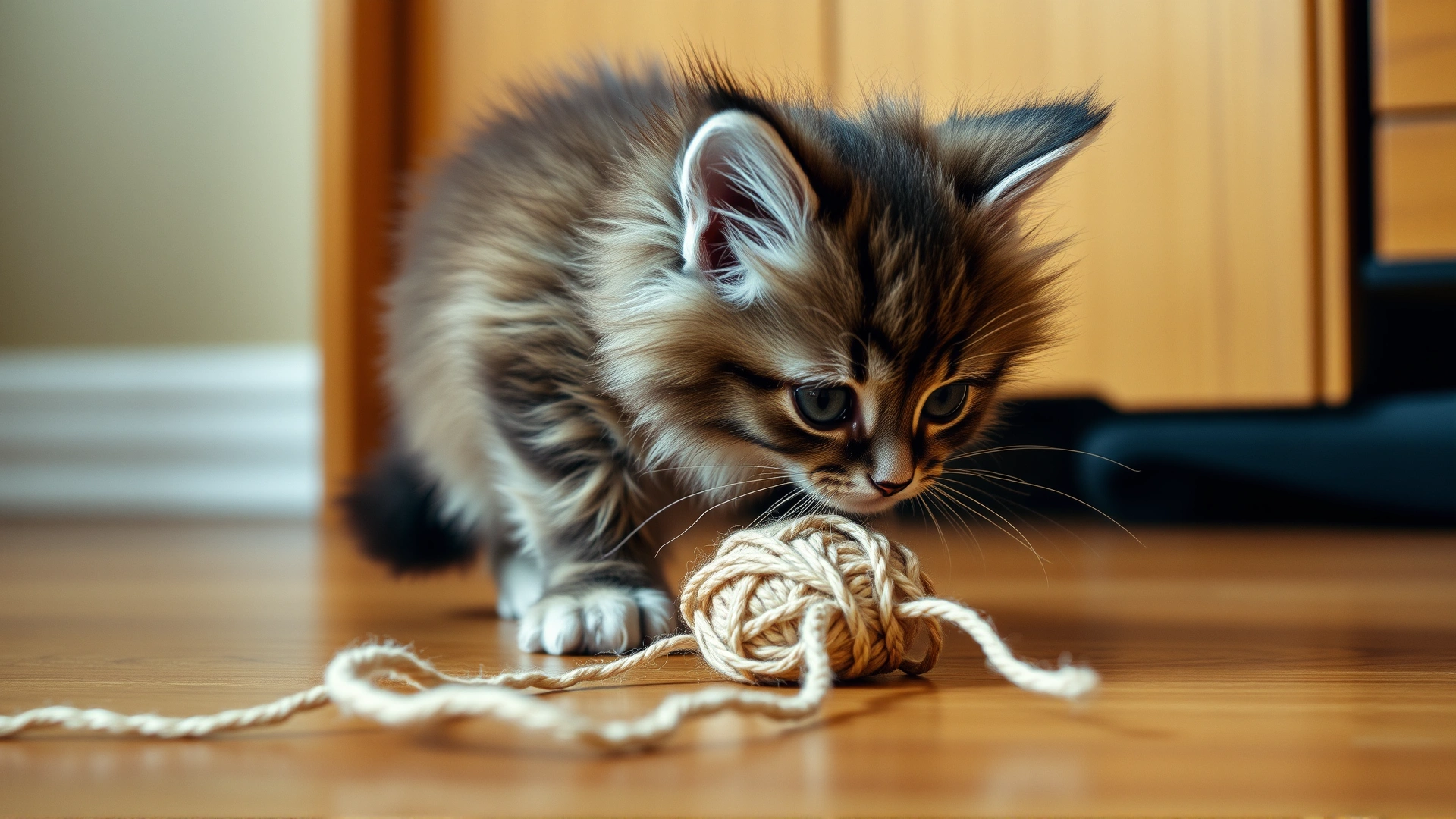 Fluffy kitten playing with a ball of yarn on a wooden floor, embodying curiosity and risk of minor accidents