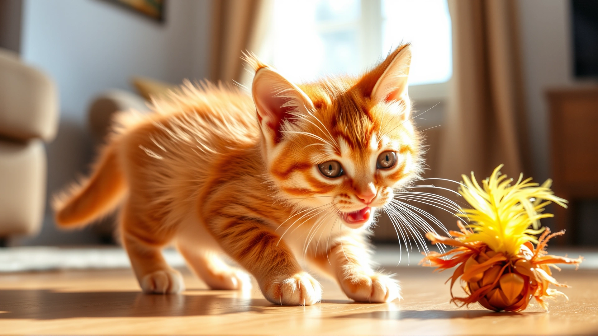 Playful orange tabby kitten chasing a feather toy on a living room floor, motion blur emphasizing playfulness, bright daylight.