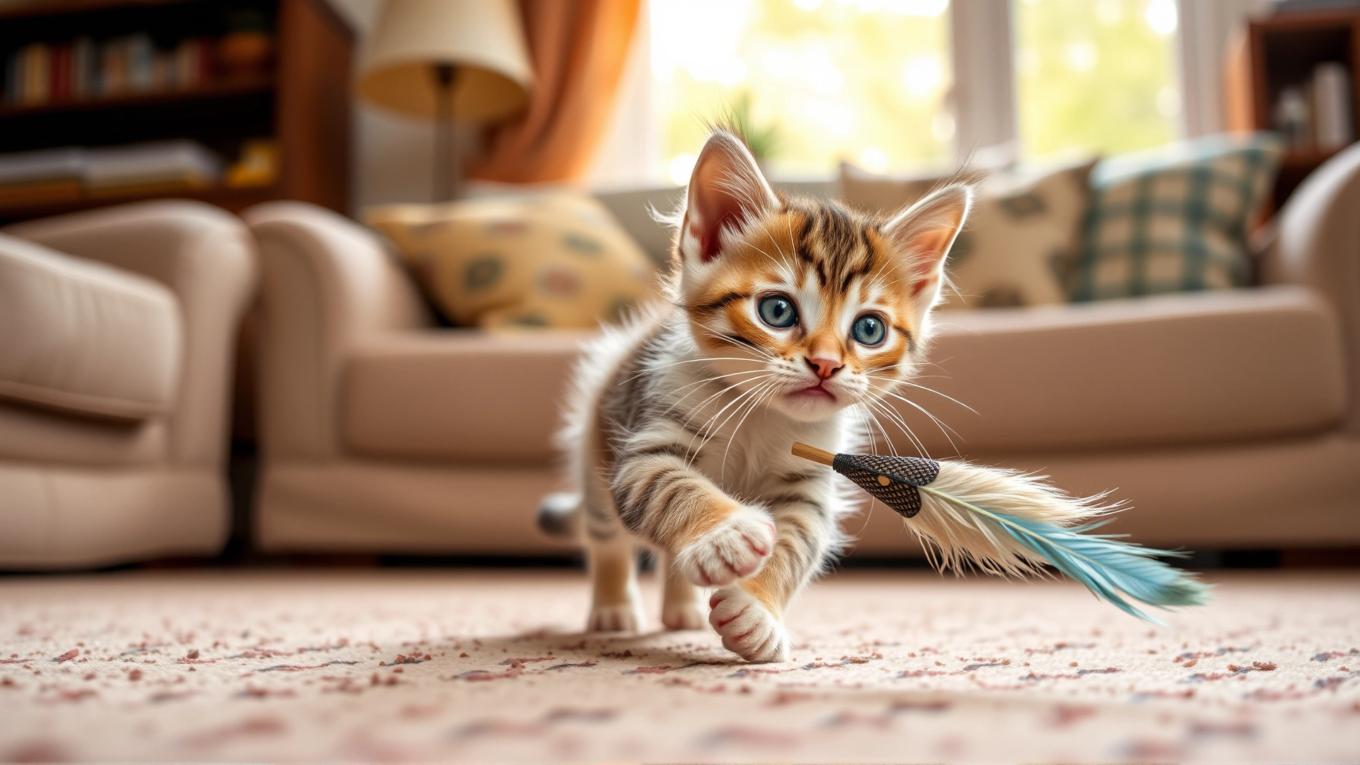 A playful Tiffany kitten chasing a feather toy in a cozy living room, soft natural lighting.