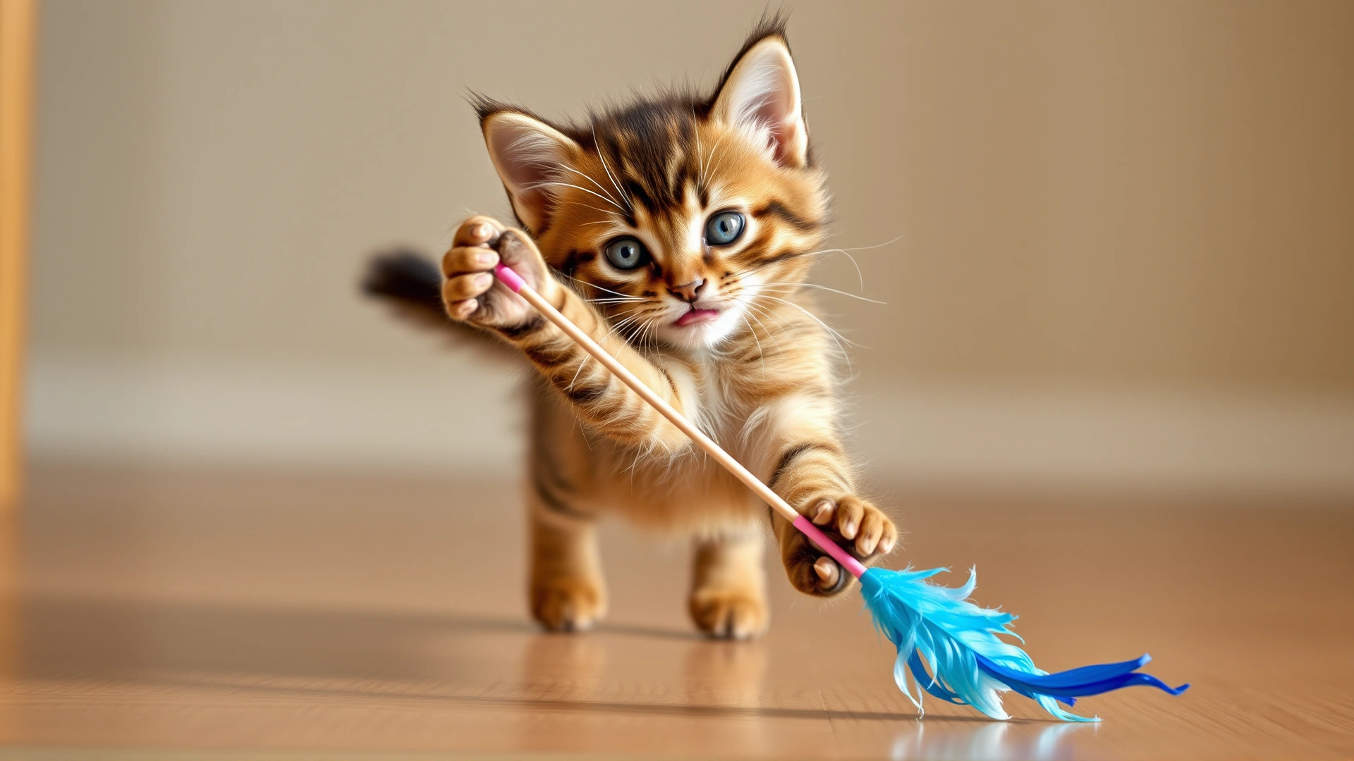 A playful Havana Brown kitten leaping to catch a colorful feather wand toy on a wooden floor, natural daylight