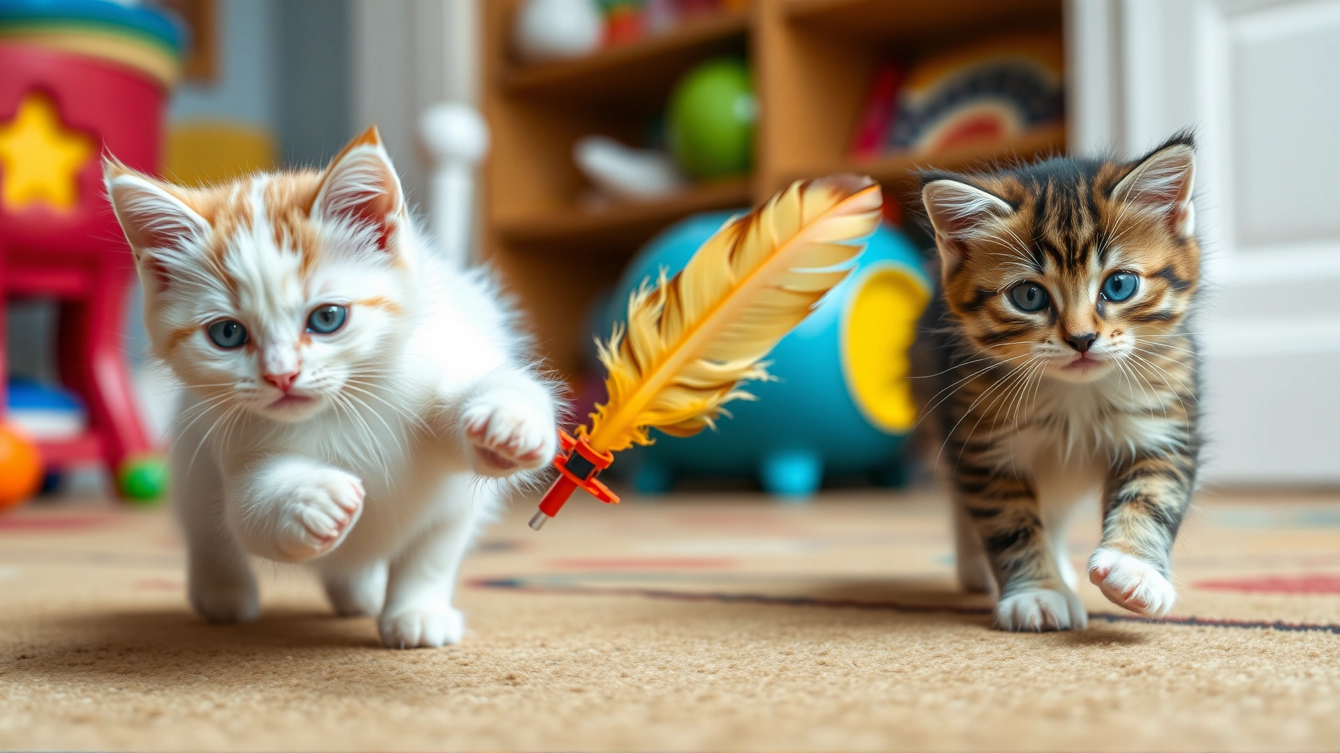 Two energetic kittens chasing a feather wand toy mid-pounce, motion blur on toy, colorful playroom background