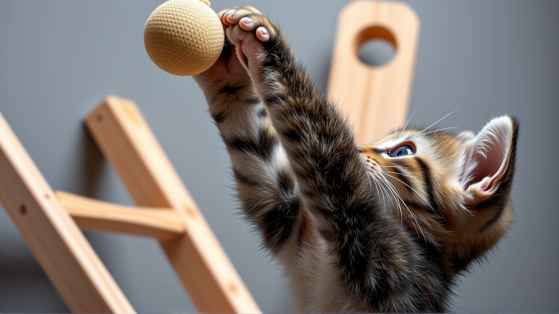 Young kitten stretching upwards to paw at a hanging toy, with a DIY wooden ladder visible in the background