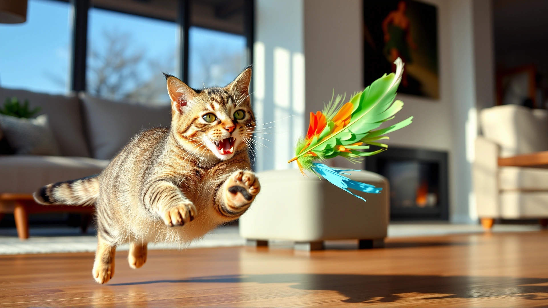 Action shot of a Korat cat mid-leap chasing a colorful feather toy in a modern living room