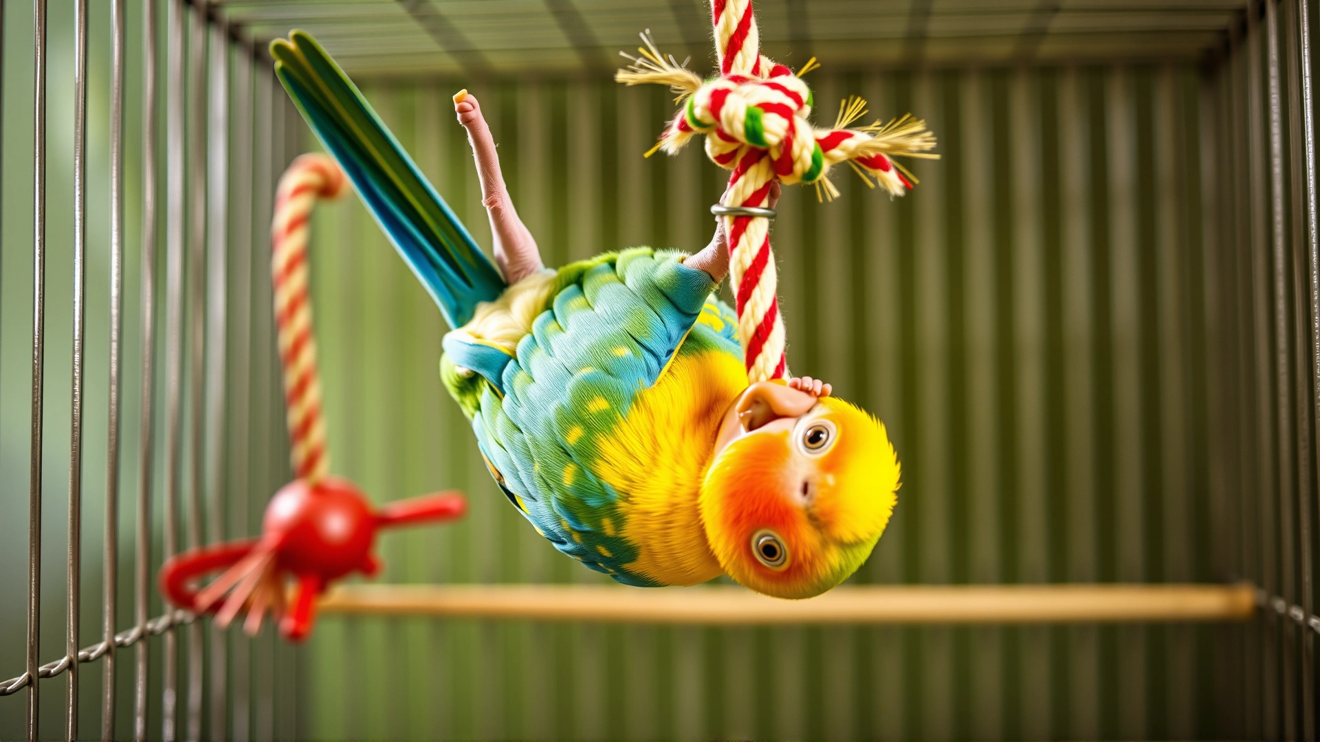 A lively lovebird mid-play, hanging upside down from a colorful rope toy inside a spacious cage; motion blur on the toy conveys action.