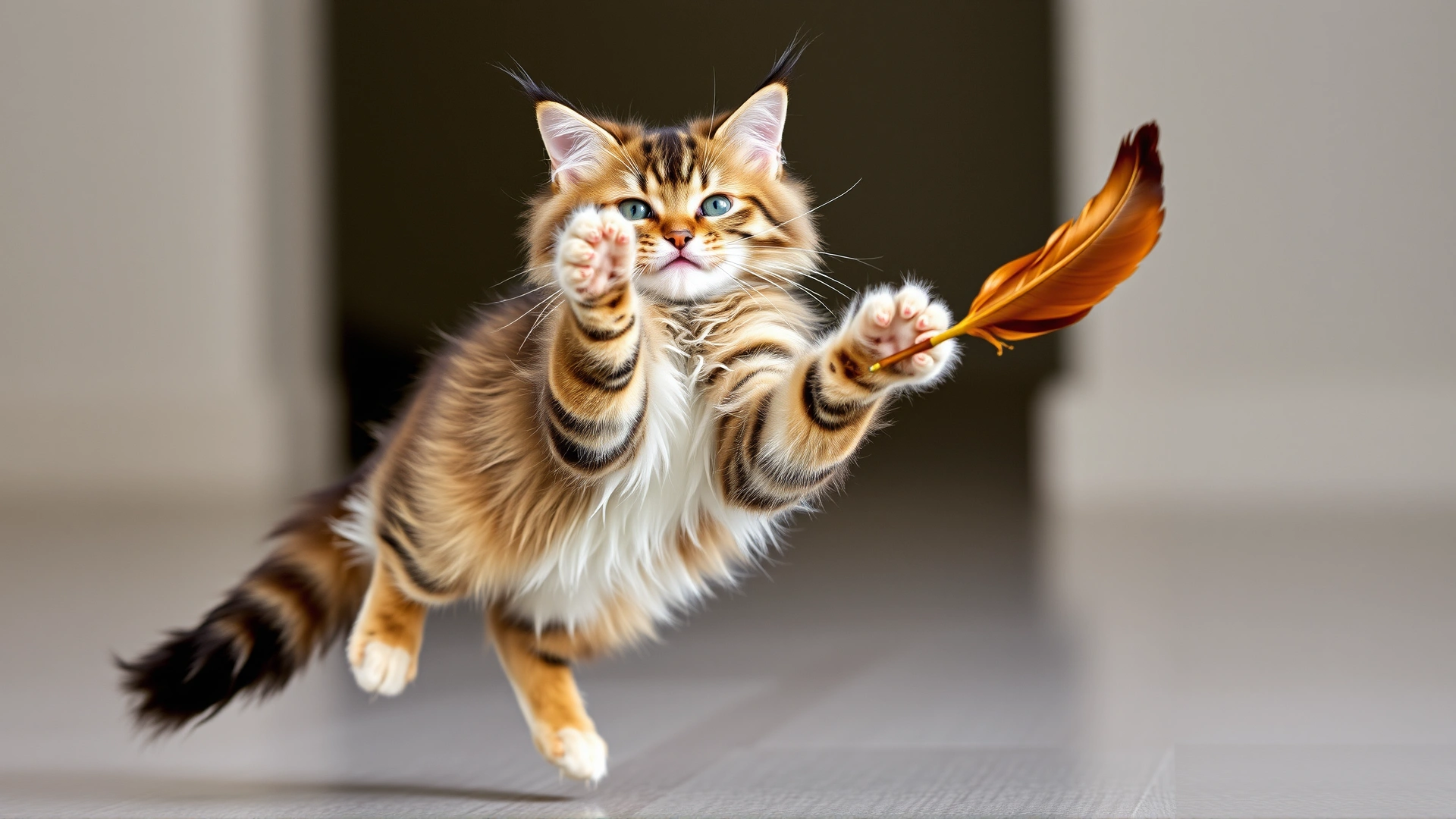A playful Maine Coon cat mid-jump trying to catch a feather toy, background slightly blurred to emphasize motion.
