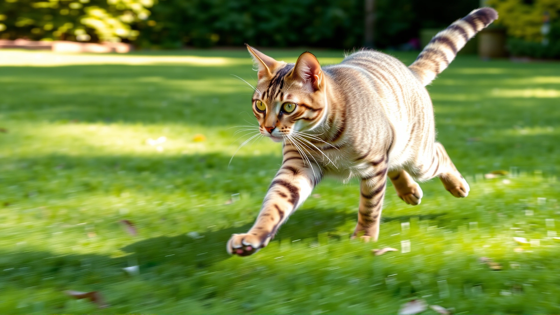 Action shot of an Egyptian Mau cat sprinting across a green backyard, motion blur on legs, sharp focus on face, sunny daylight.