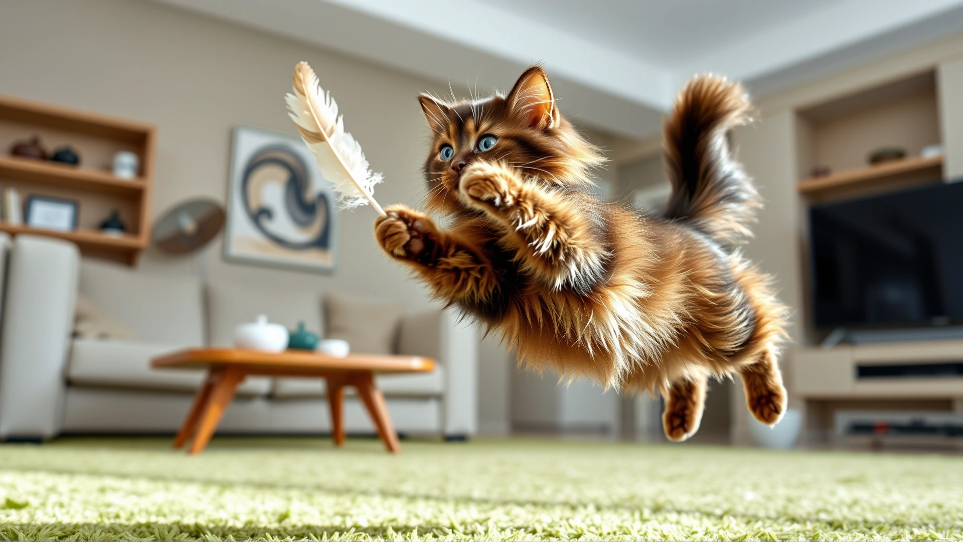 York Chocolate cat mid-jump catching a feather toy in a modern living room, motion freeze, vibrant colors, no text