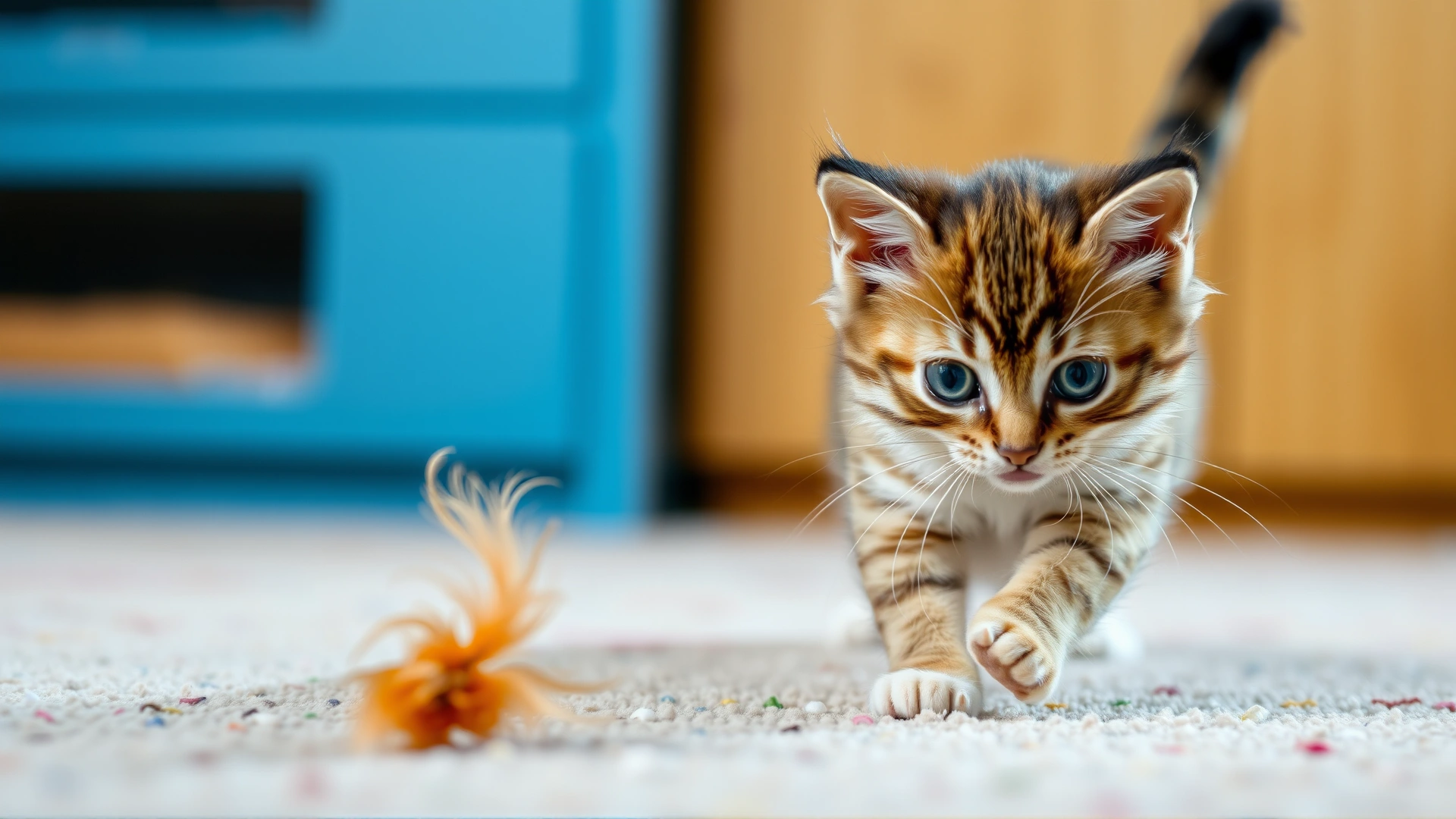 A Munchkin cat chasing a feather toy on a carpet, capturing its energetic personality.
