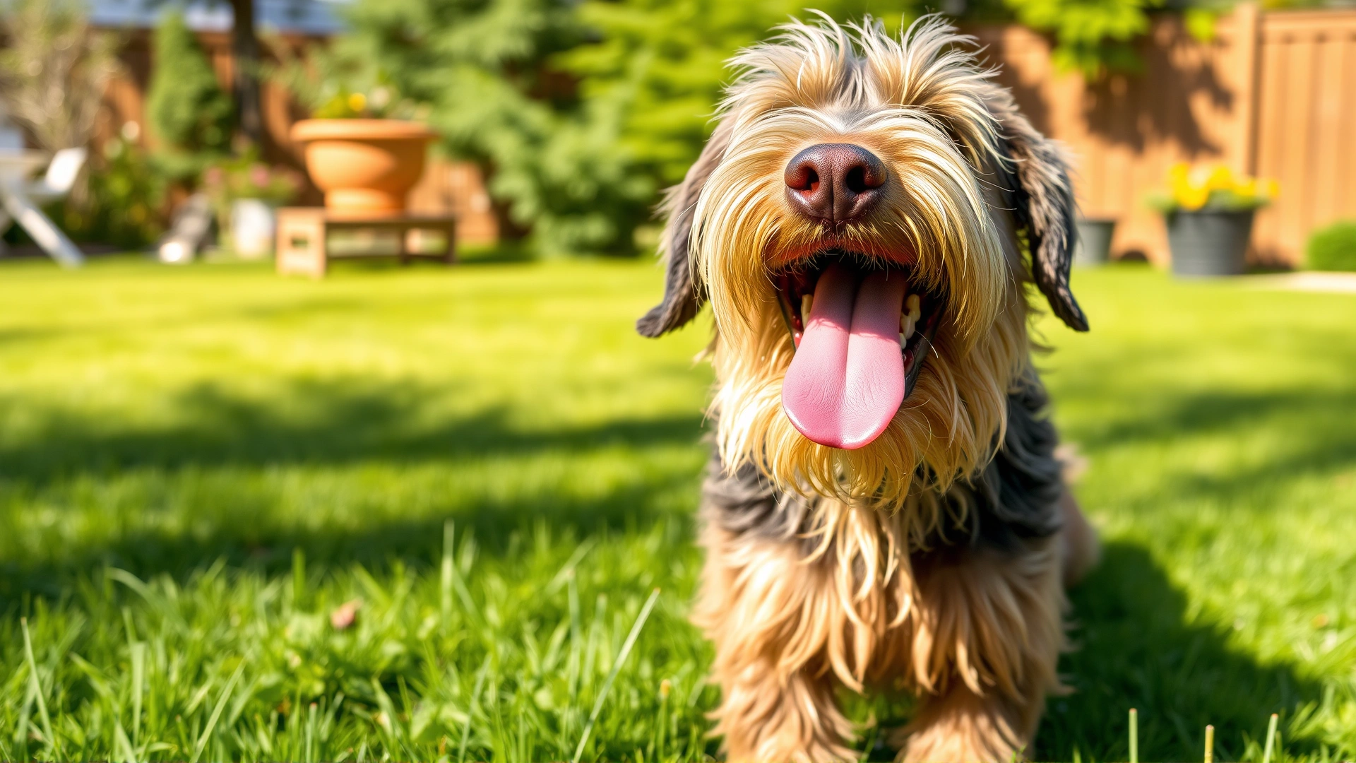 Close-up of a playful Otterhound with tongue out in a sunny grassy backyard