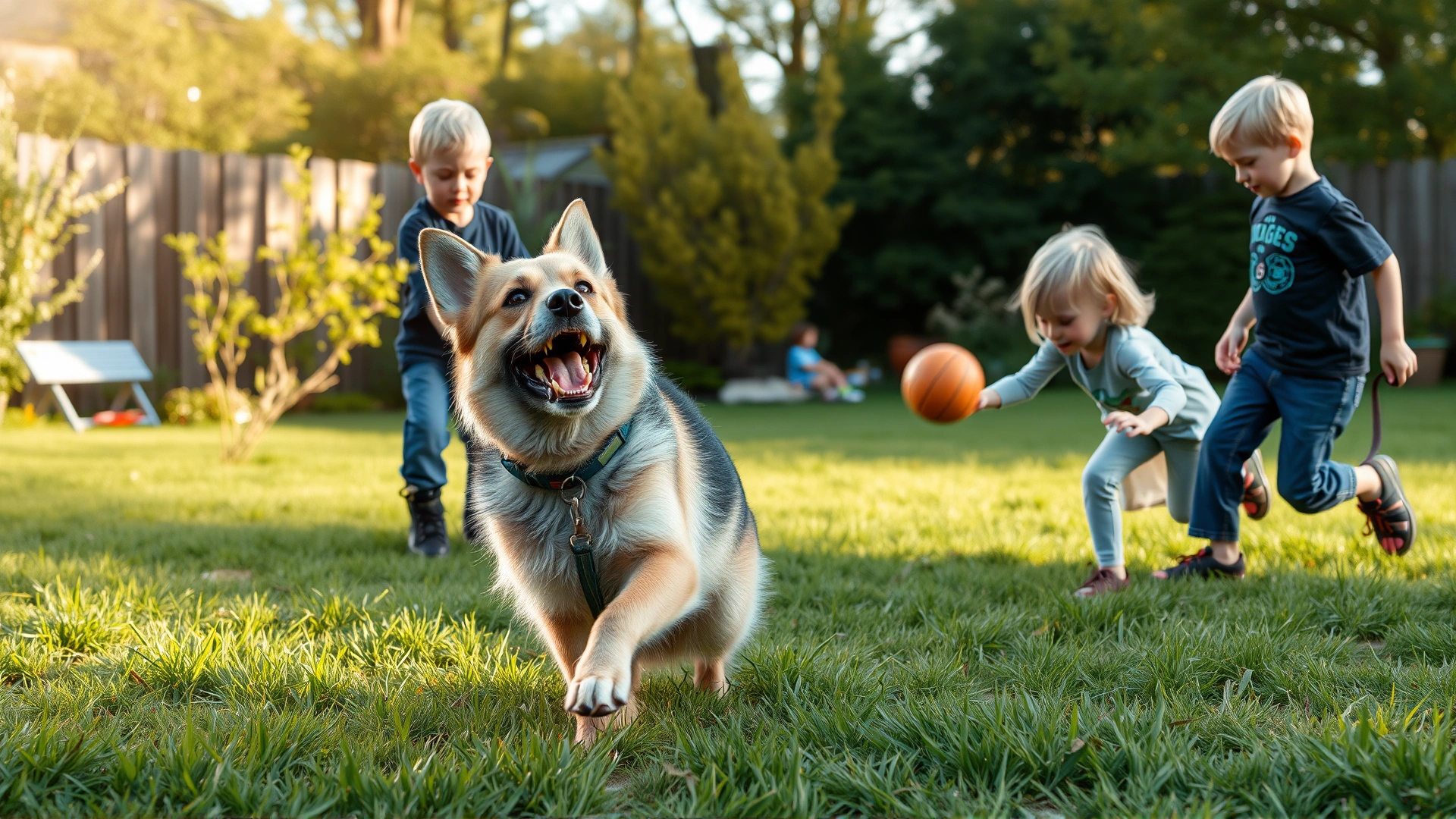 A Berger Picard joyfully playing fetch with two kids in a backyard, capturing the dog's friendly nature, afternoon light
