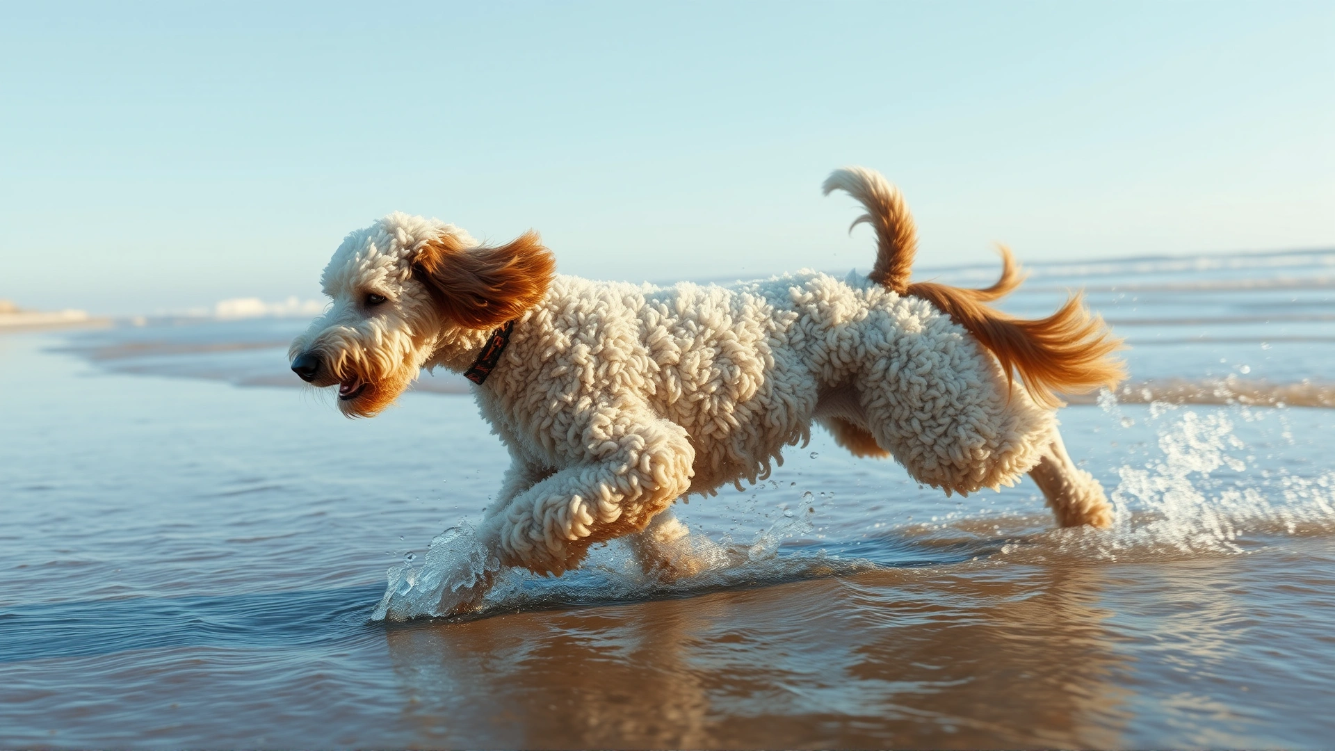 Standard Poodle sprinting through shallow ocean water at the beach, droplets flying, sky clear and bright.