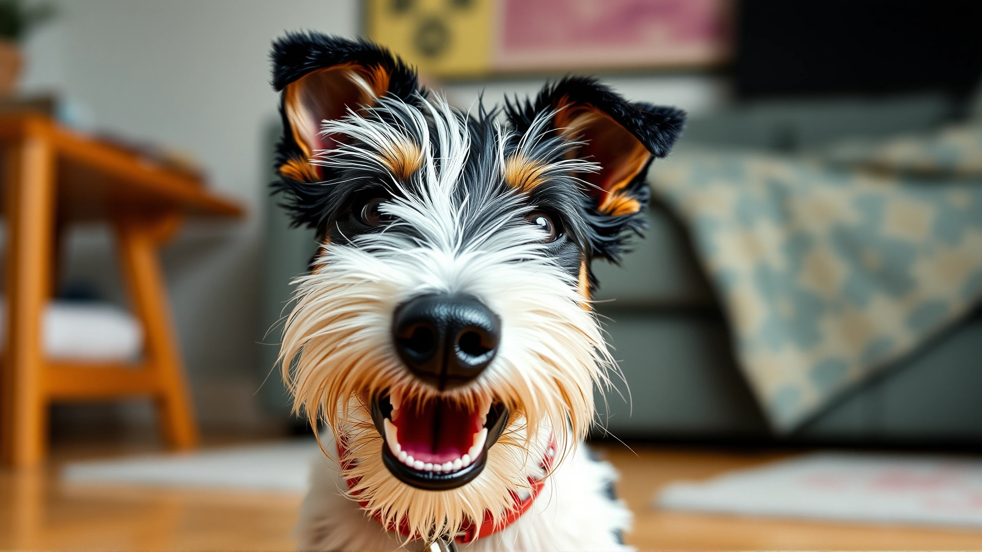 Close-up of a happy Wire Fox Terrier tilting its head playfully indoors