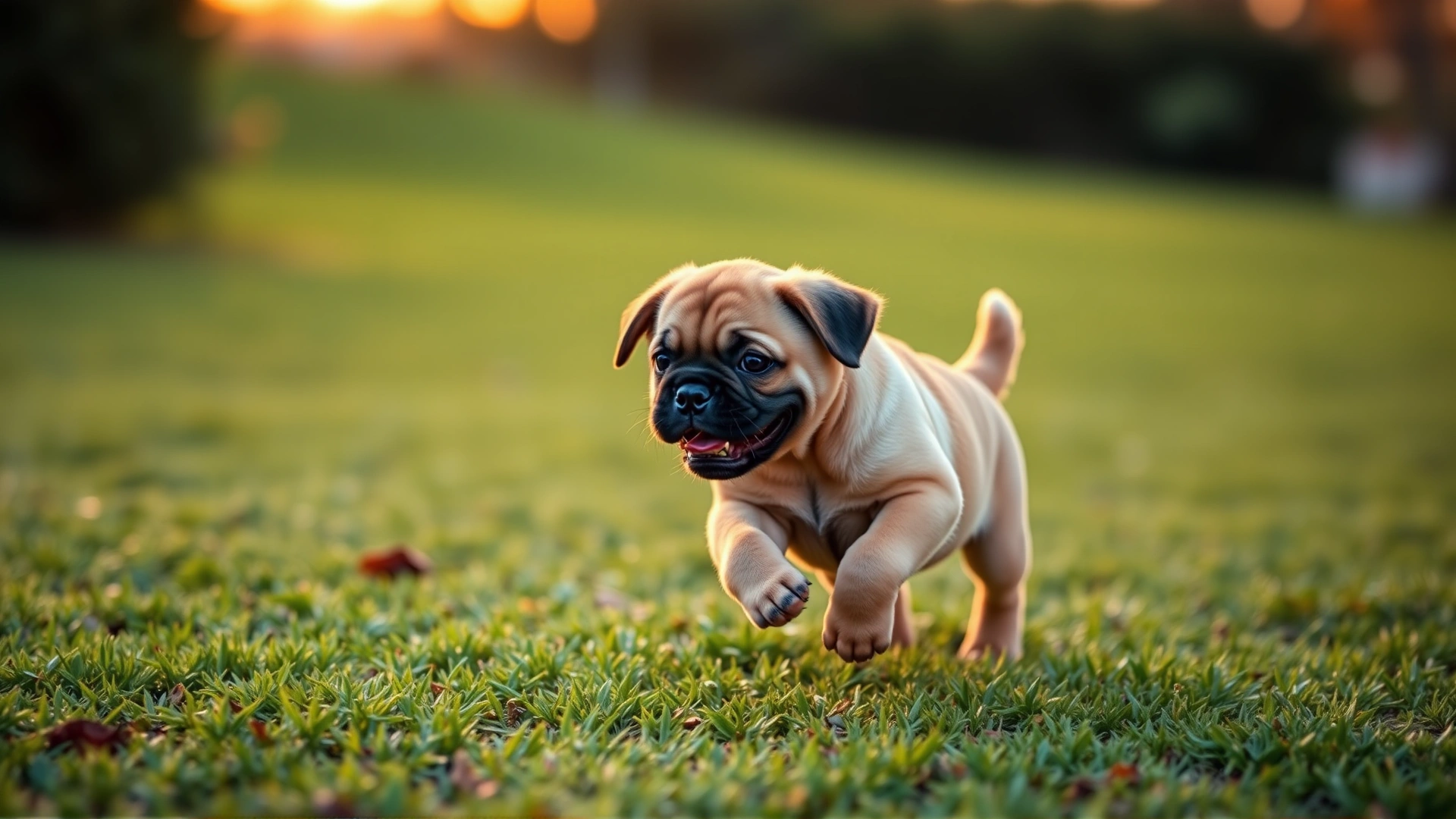 Playful Puggle puppy running across a green lawn at golden hour, captured mid-stride with warm backlighting.