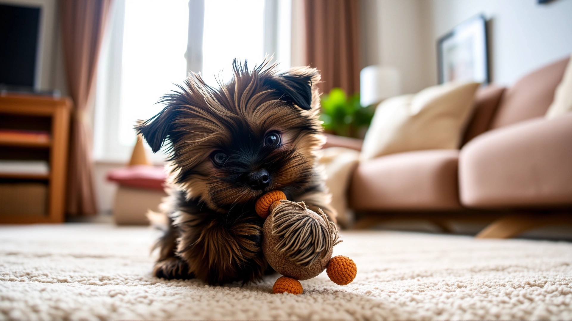 Playful Havanese puppy tugging a small plush toy in a cozy living room setting, natural daylight through a window.