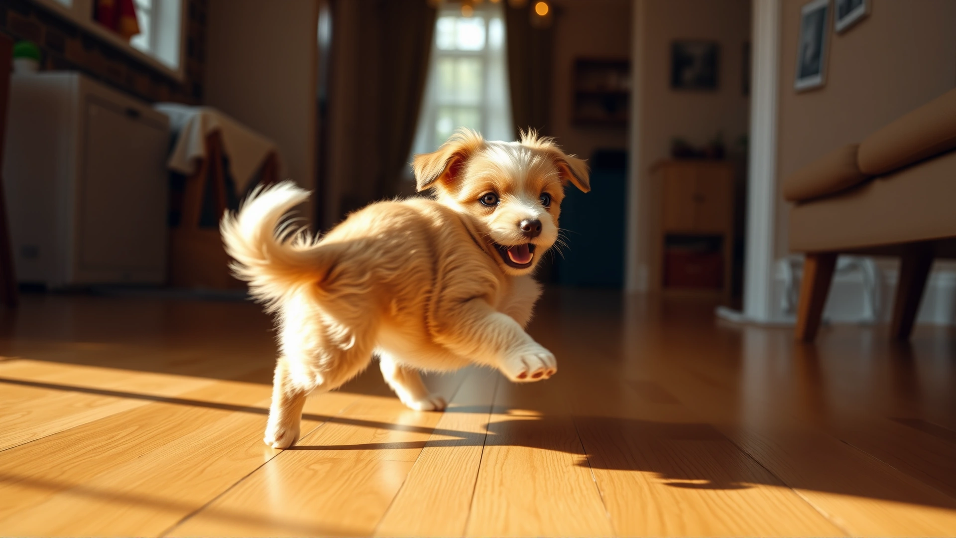 Cute puppy spinning in a circle trying to catch its tail on a wooden floor inside a cozy home, warm natural lighting, playful mood