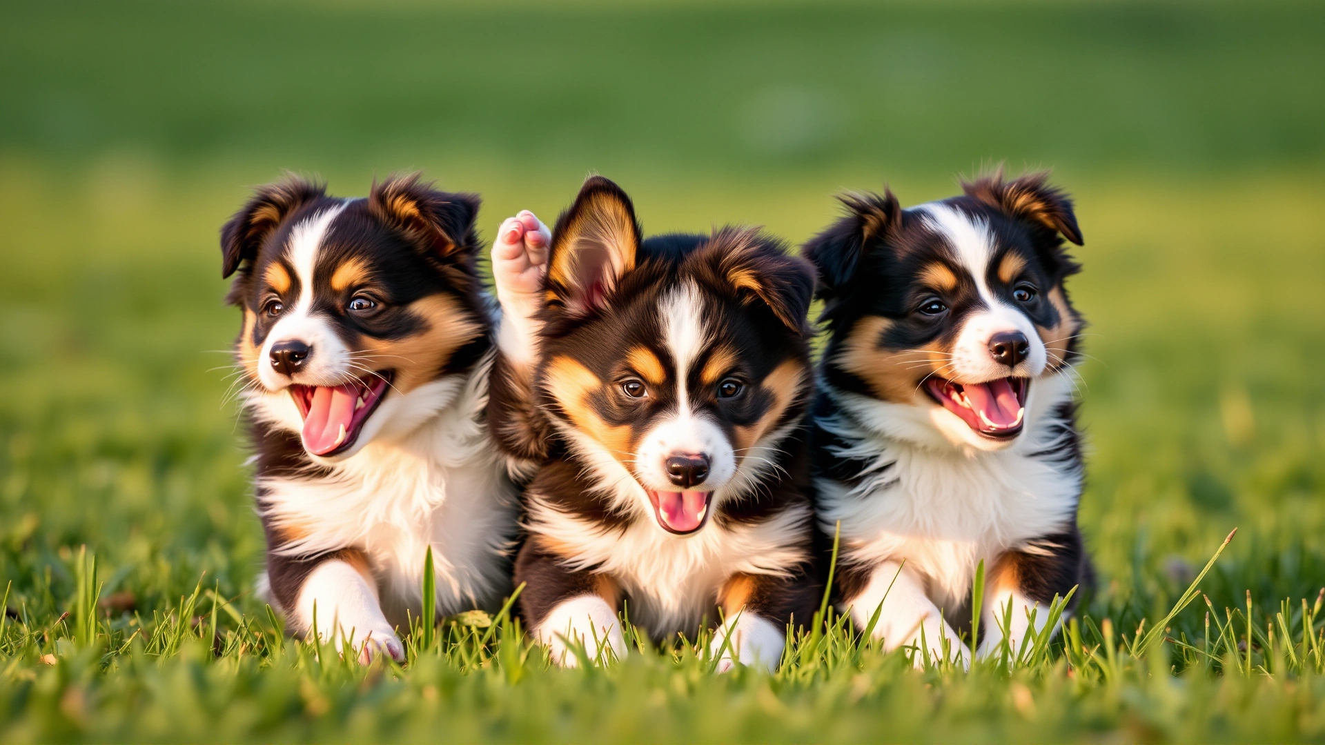 Three Miniature American Shepherd puppies play-fighting on fresh green grass during golden hour, joyful expressions.
