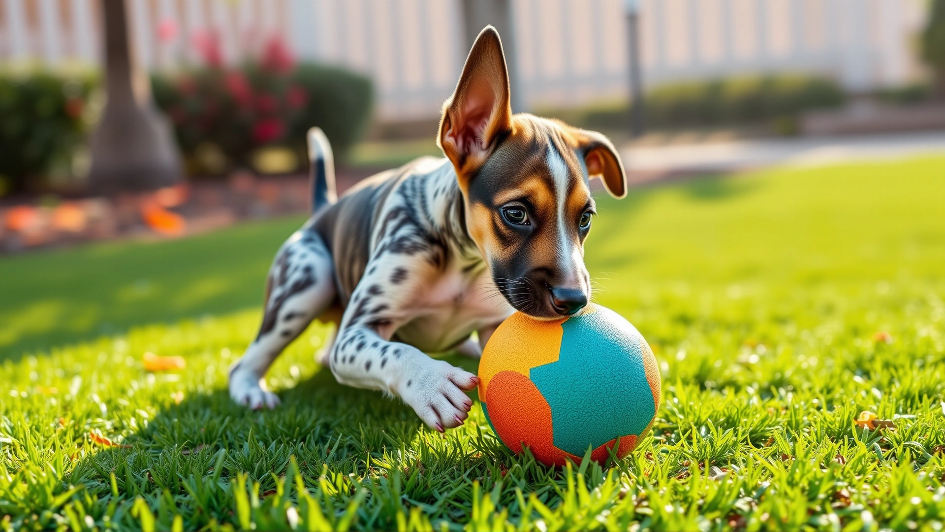 Pharaoh Hound puppy playing with a colorful ball on a grassy lawn, bright daylight, candid shot