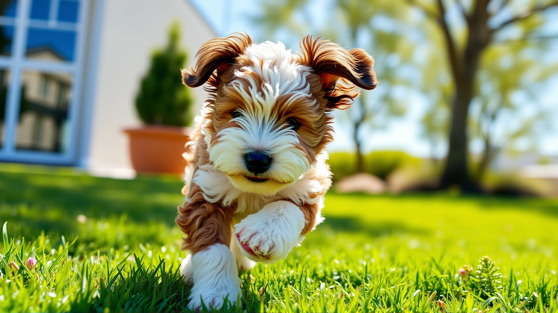 Cute Sheepadoodle puppy running on grass outside on a bright sunny day, ears flapping, high-resolution, no text