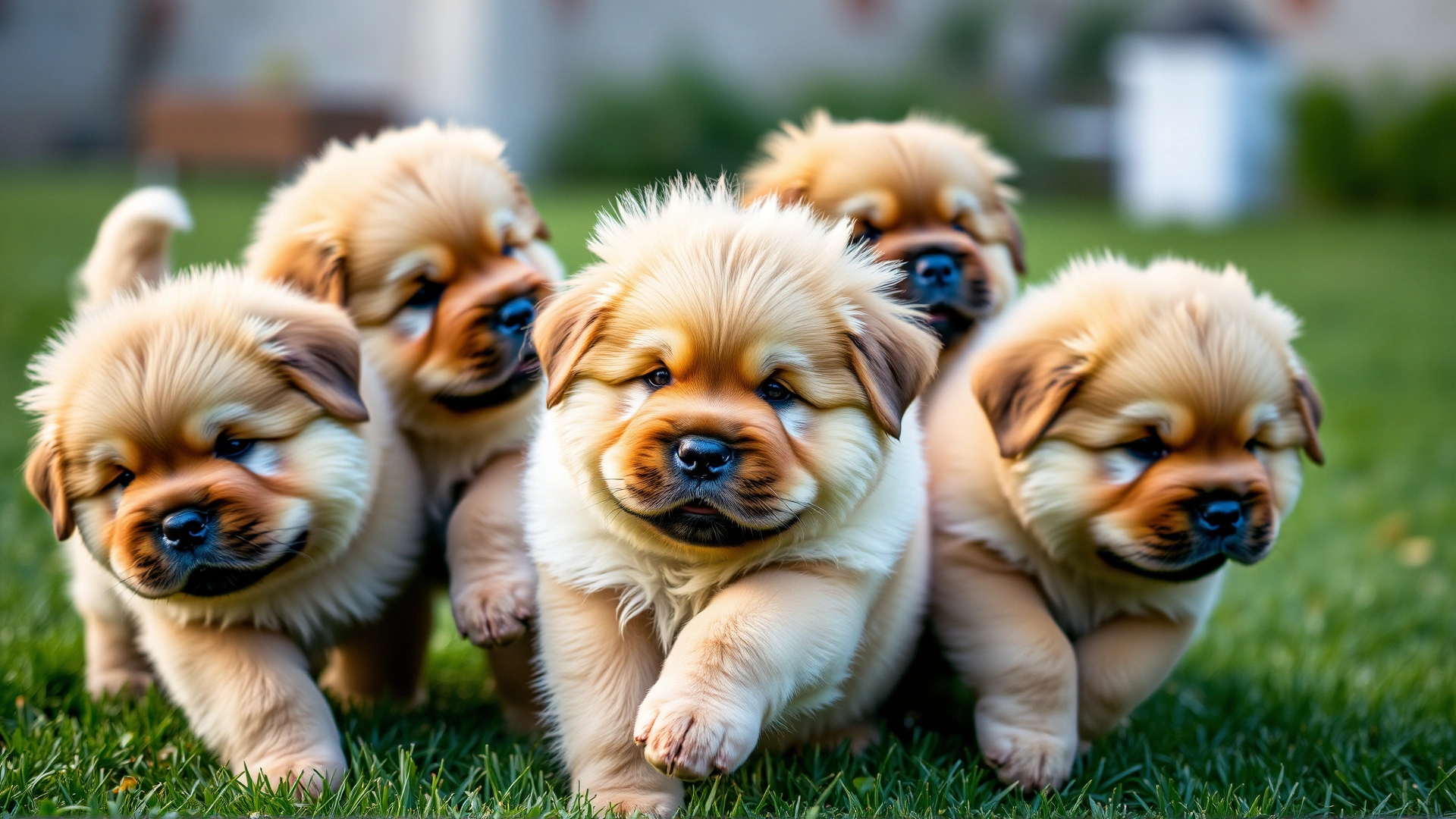 Group of fluffy Tibetan Mastiff puppies playing together on a green lawn, shallow depth of field for a cute, lively feel.