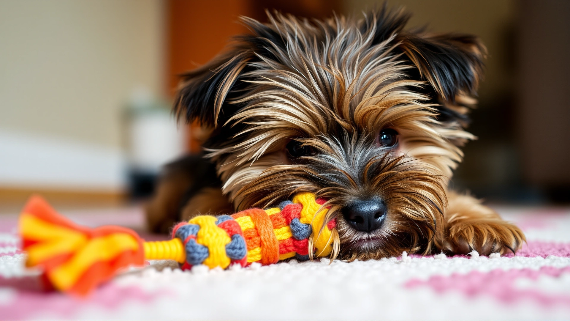 Close-up of a playful Yorkiepoo puppy chewing on a colorful toy on a soft rug, warm indoor lighting