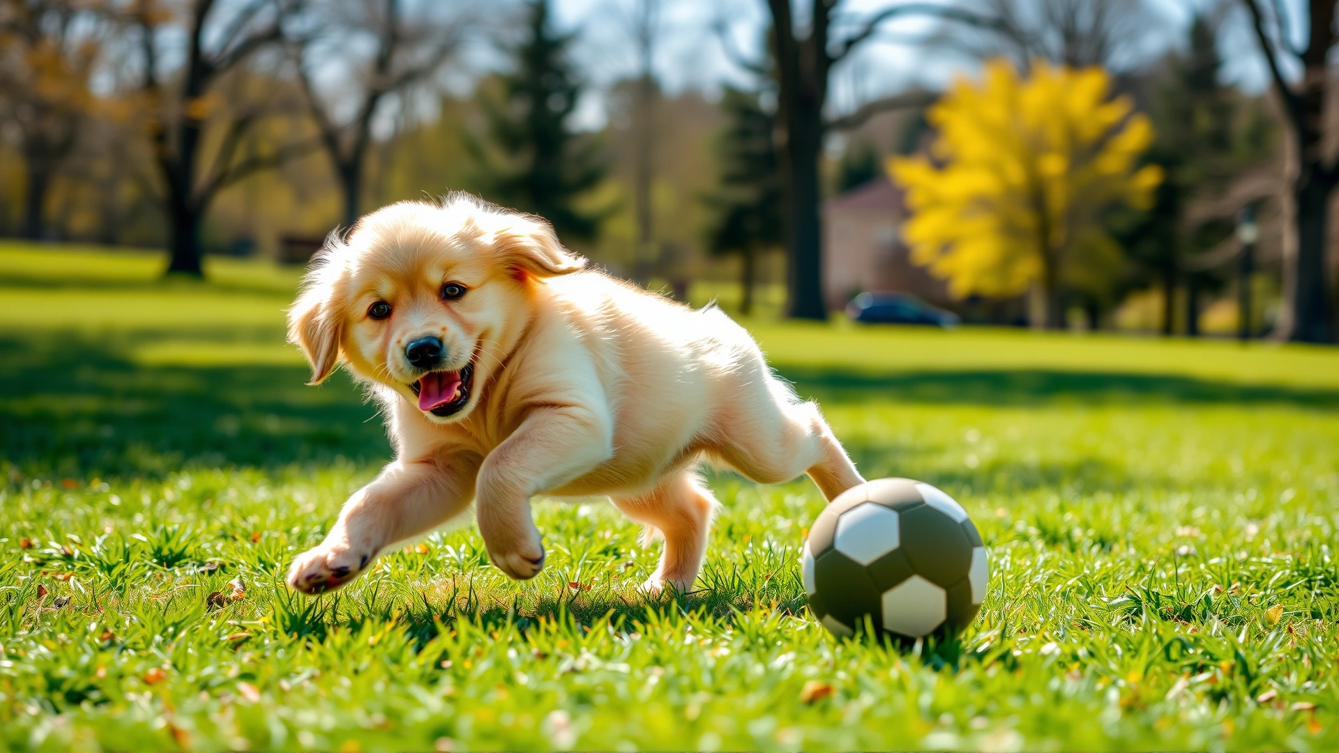 A playful 7-month-old Golden Retriever puppy jumping to catch a ball in a grassy park, bright afternoon light, motion captured, no text