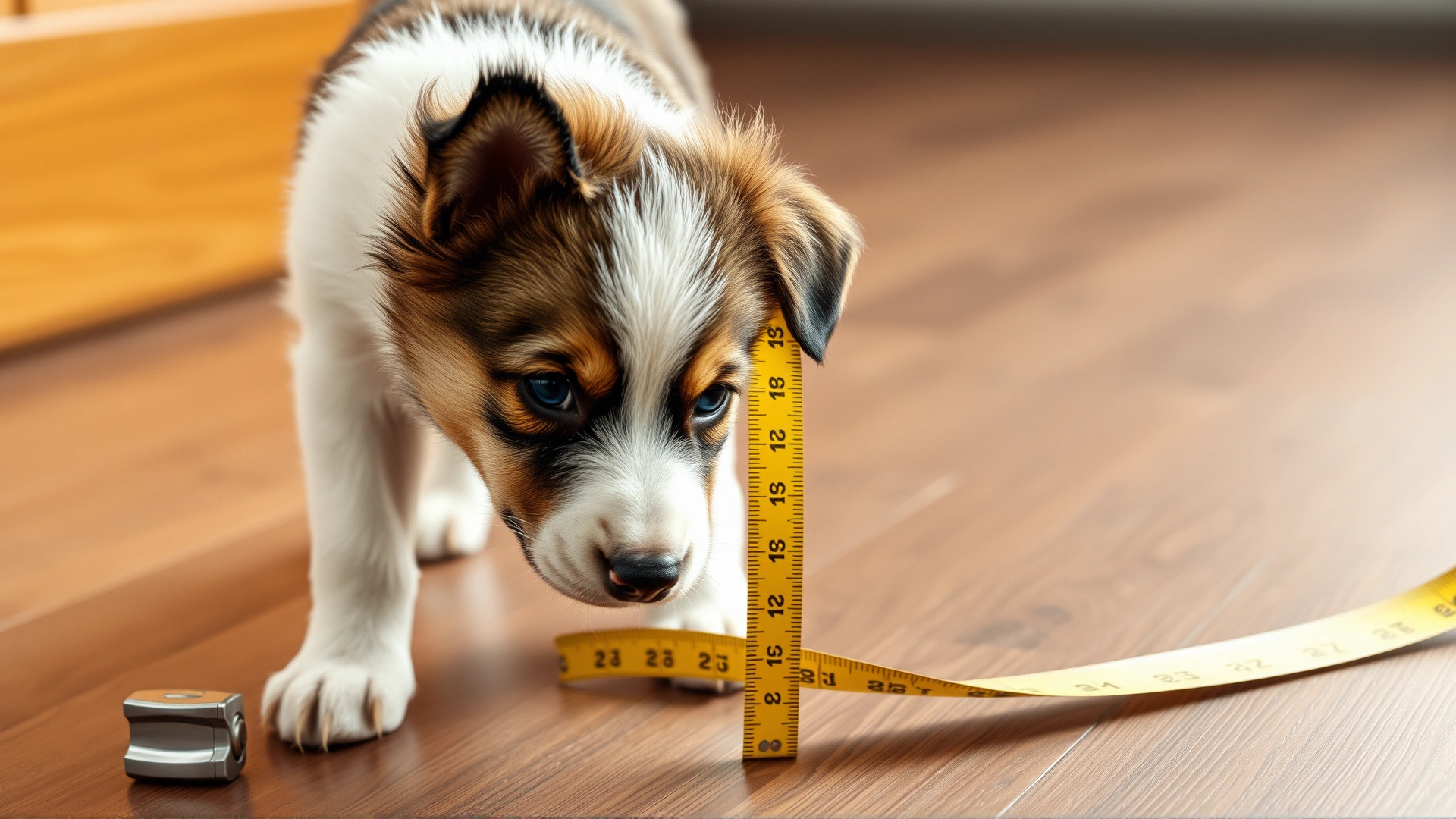Close-up photo of a playful medium-sized mixed-breed puppy standing next to an extended measuring tape on a wooden floor, natural daylight