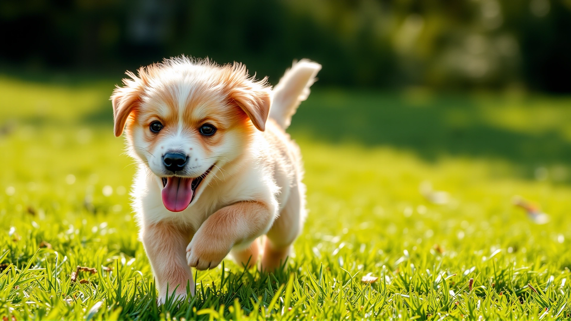 Healthy, energetic puppy running on green grass with sunlight, joyful expression, high clarity