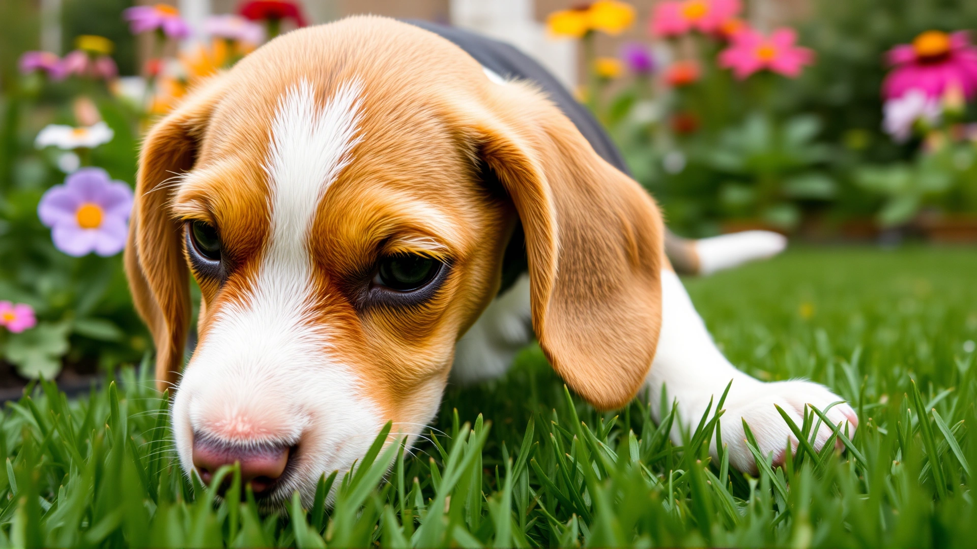 Close-up of a curious beagle puppy sniffing the grass in a colorful backyard garden, flowers visible in the background.