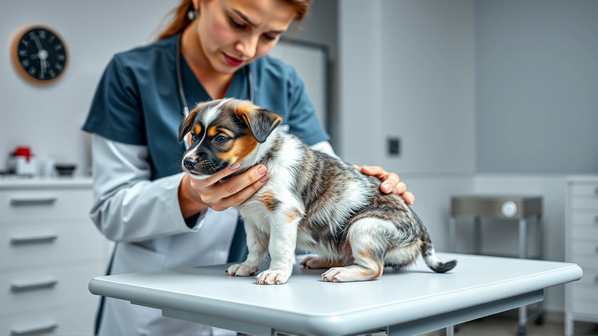 Veterinarian gently examining a small mixed-breed puppy on an examination table in a bright, modern clinic setting.