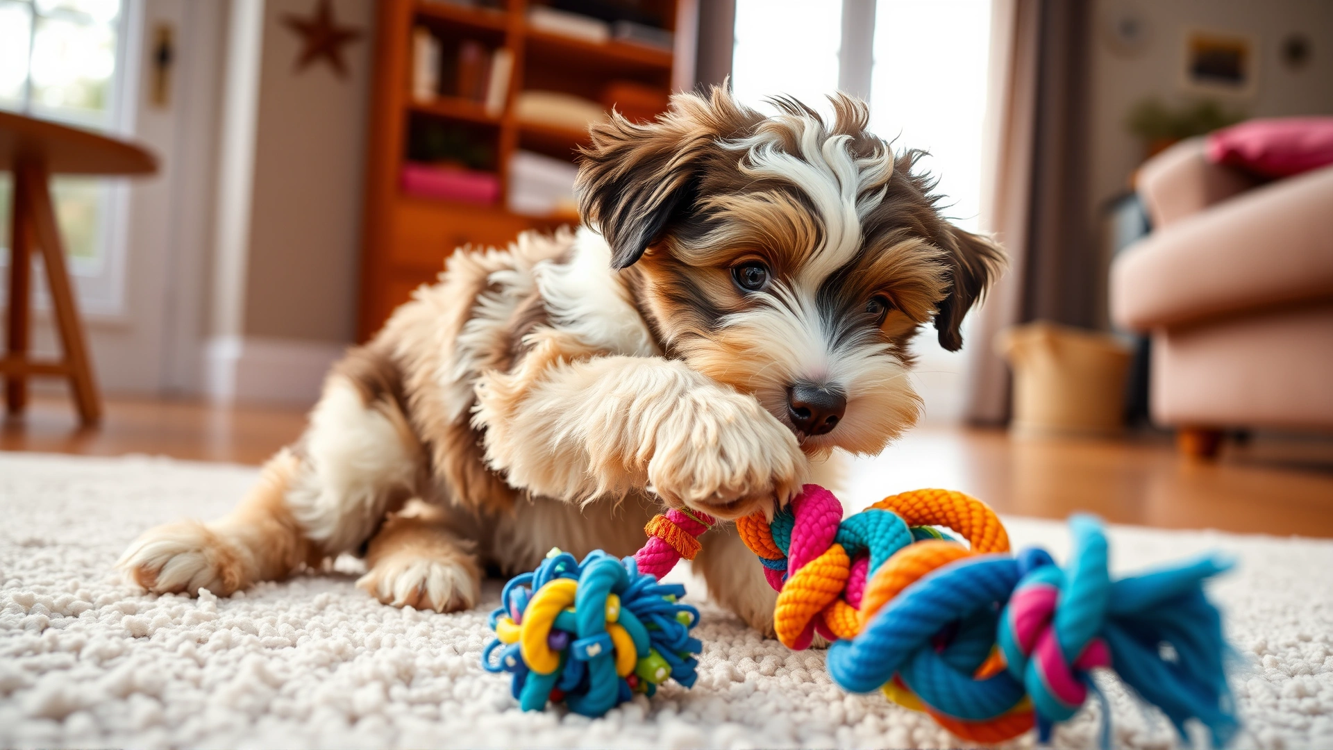 Cute Aussiedoodle puppy tugging on a colorful rope toy on a soft indoor rug, cozy home environment with natural window light.