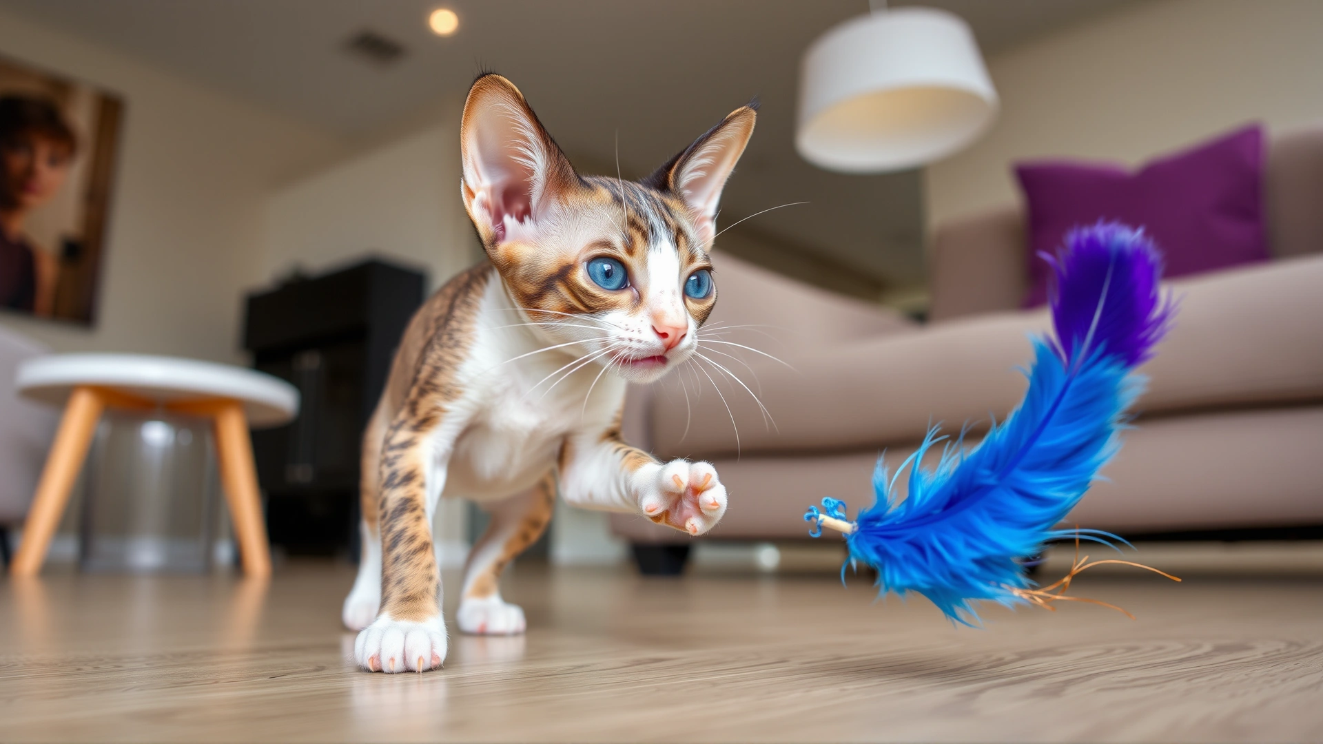 Playful Cornish Rex kitten chasing a feather toy in a modern apartment