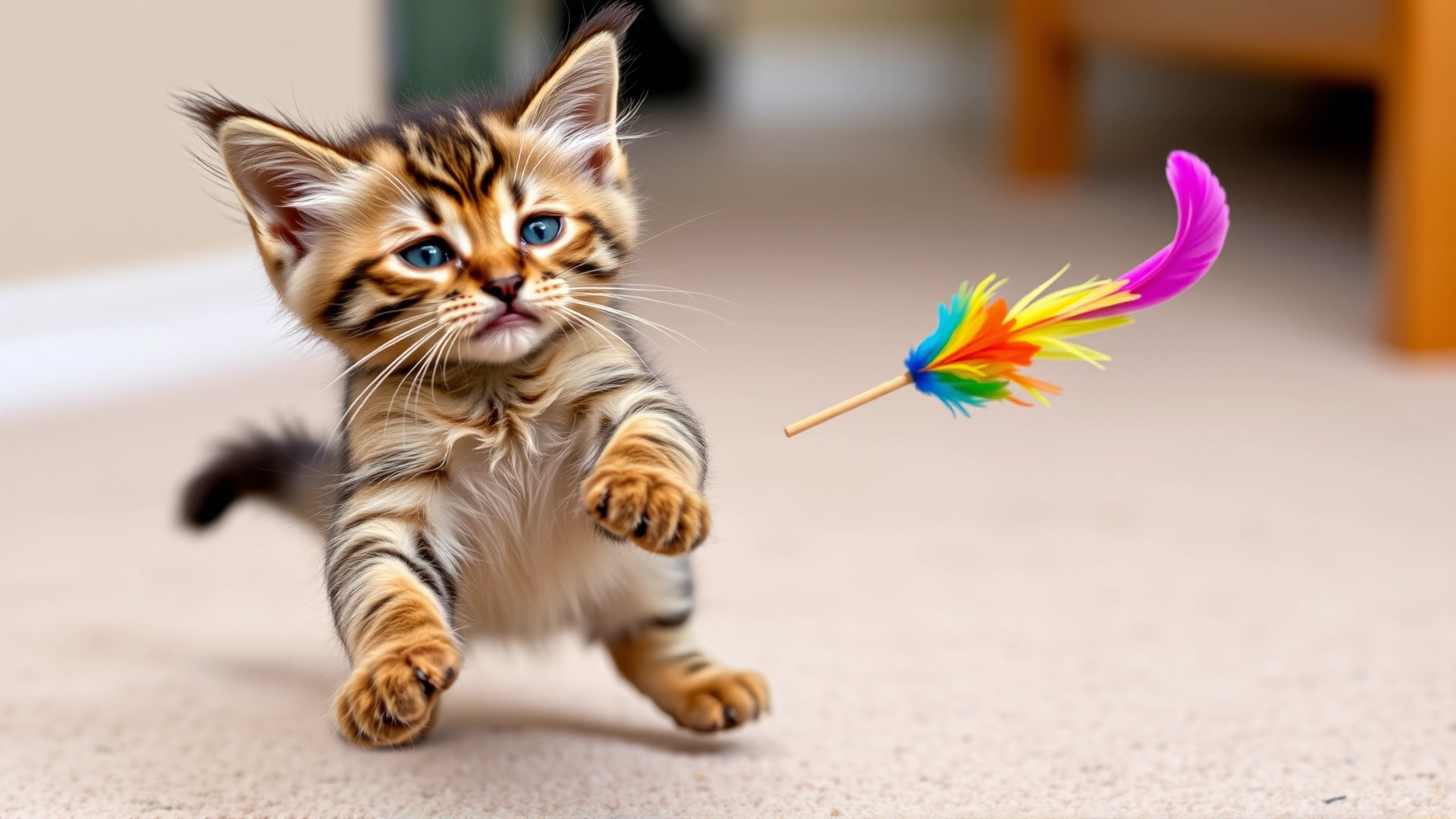 Selkirk Rex kitten mid-jump while playing with a colorful feather wand toy on a carpeted floor