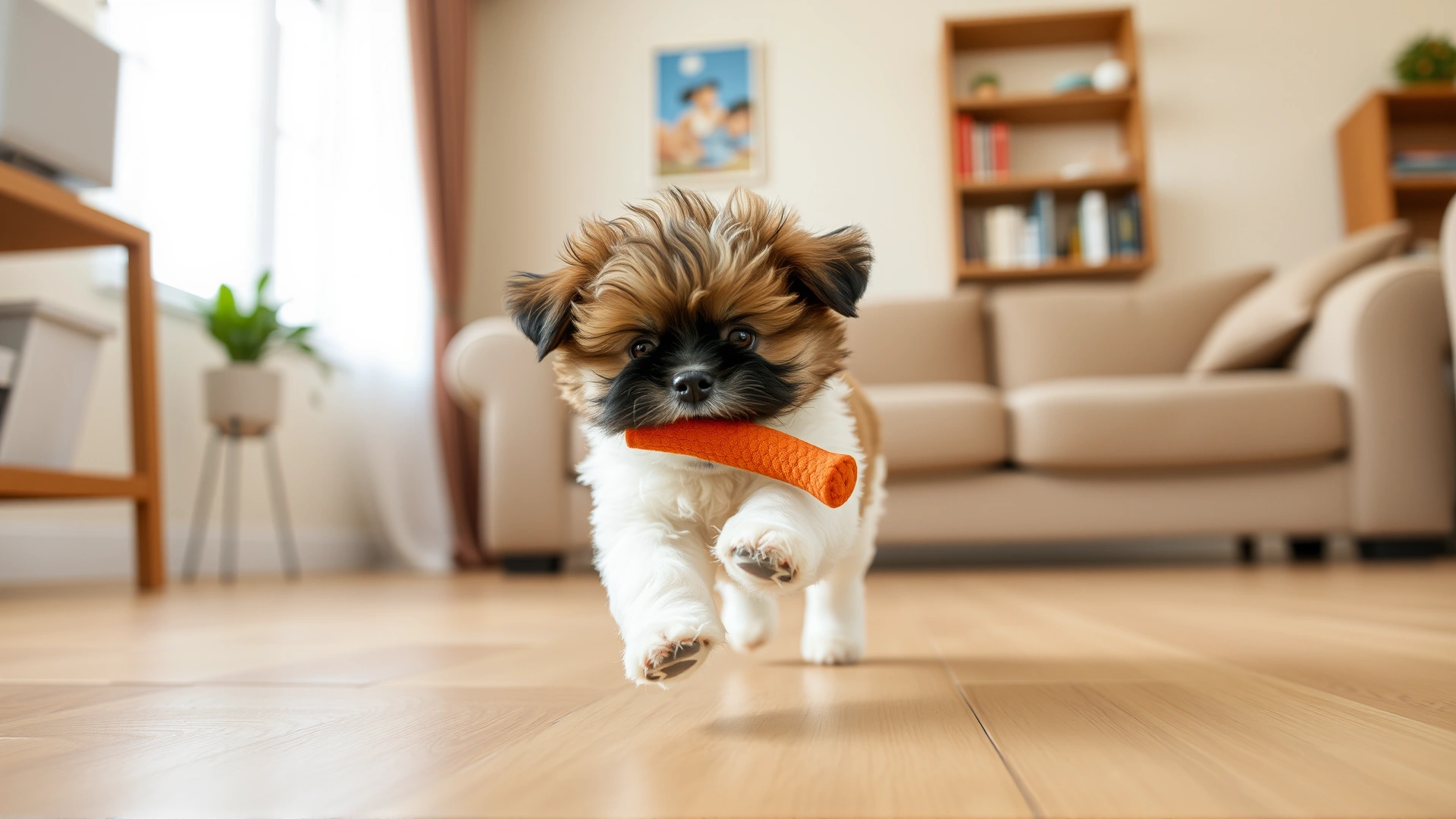Playful Shih-Poo puppy zooming across a living room floor with a toy in its mouth, motion blur conveying energy.