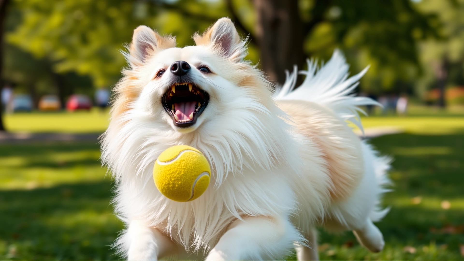 Japanese Spitz joyfully running with a yellow tennis ball in its mouth in a sunny park, mid-action shot, motion blur on background