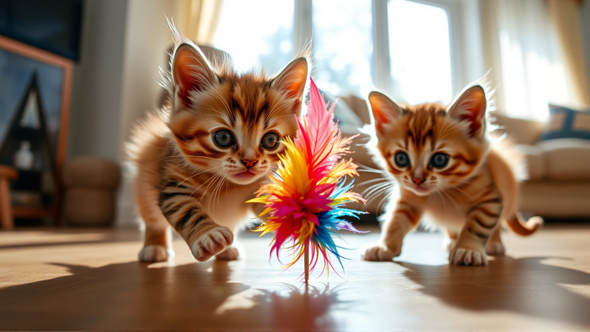 Two three-month-old kittens playfully chasing a colorful feather toy in a sun-lit living room