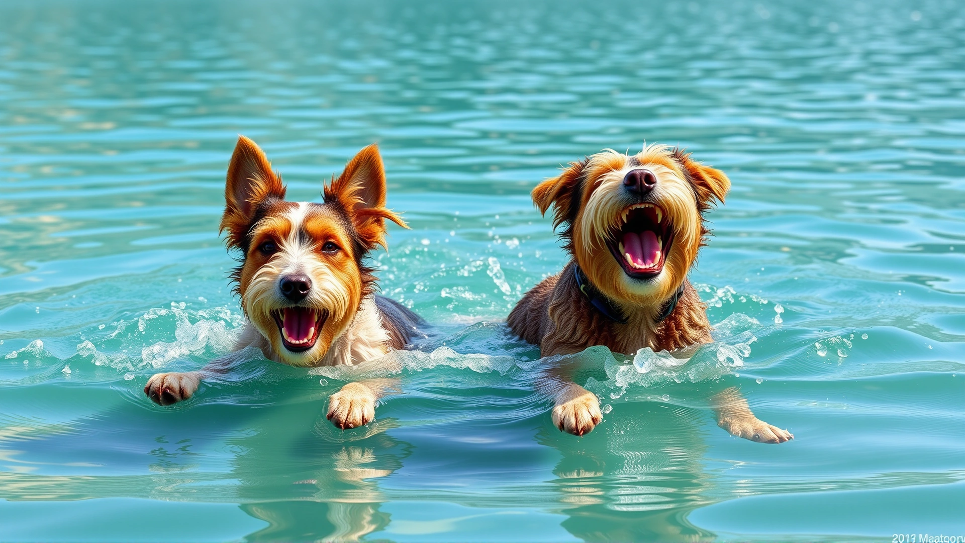 Two Spanish Water Dogs playfully swimming side by side in a turquoise mountain lake, joyful expressions, splashing water.