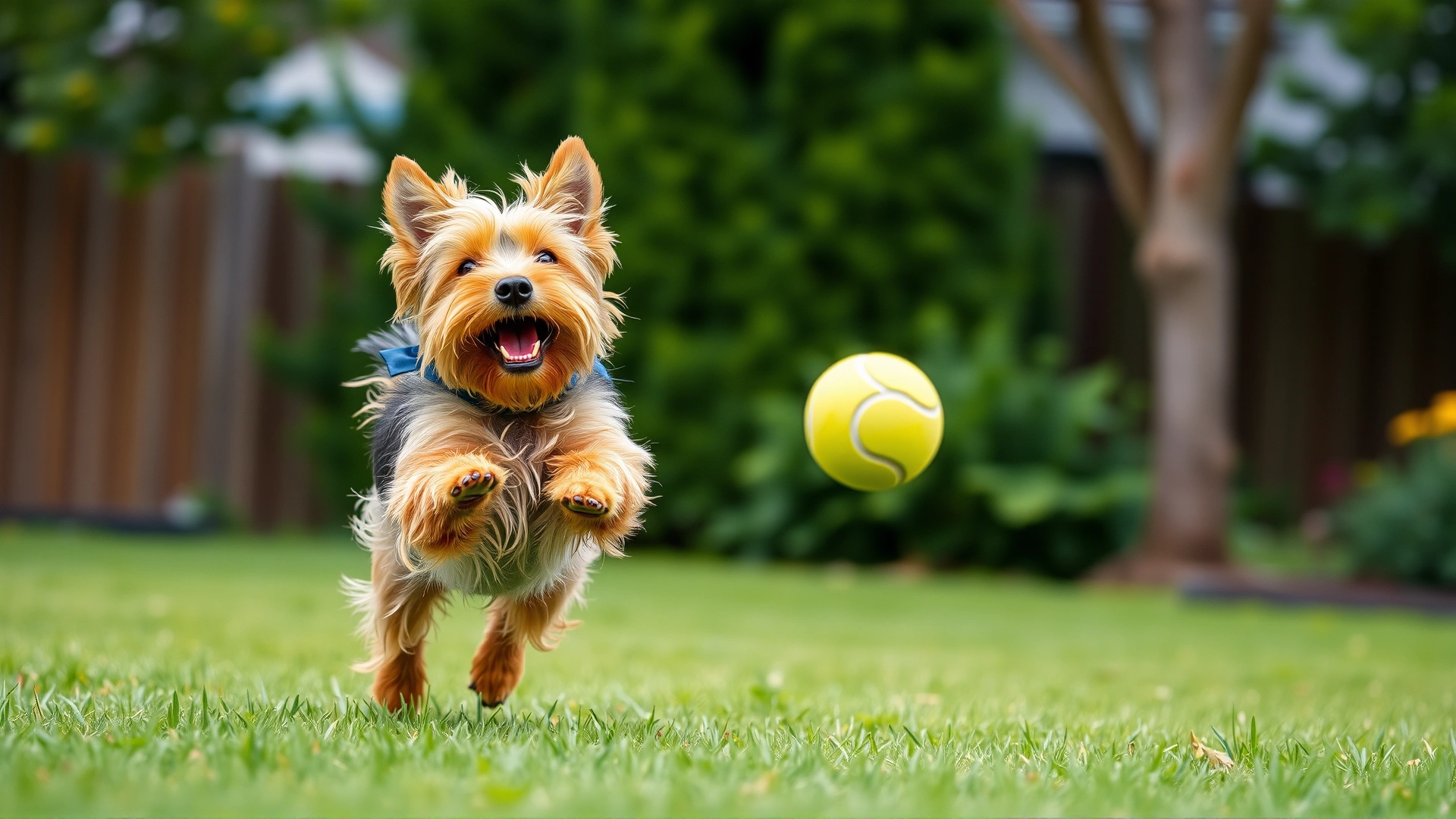 Norwich Terrier mid-jump catching a tennis ball in a grassy suburban backyard