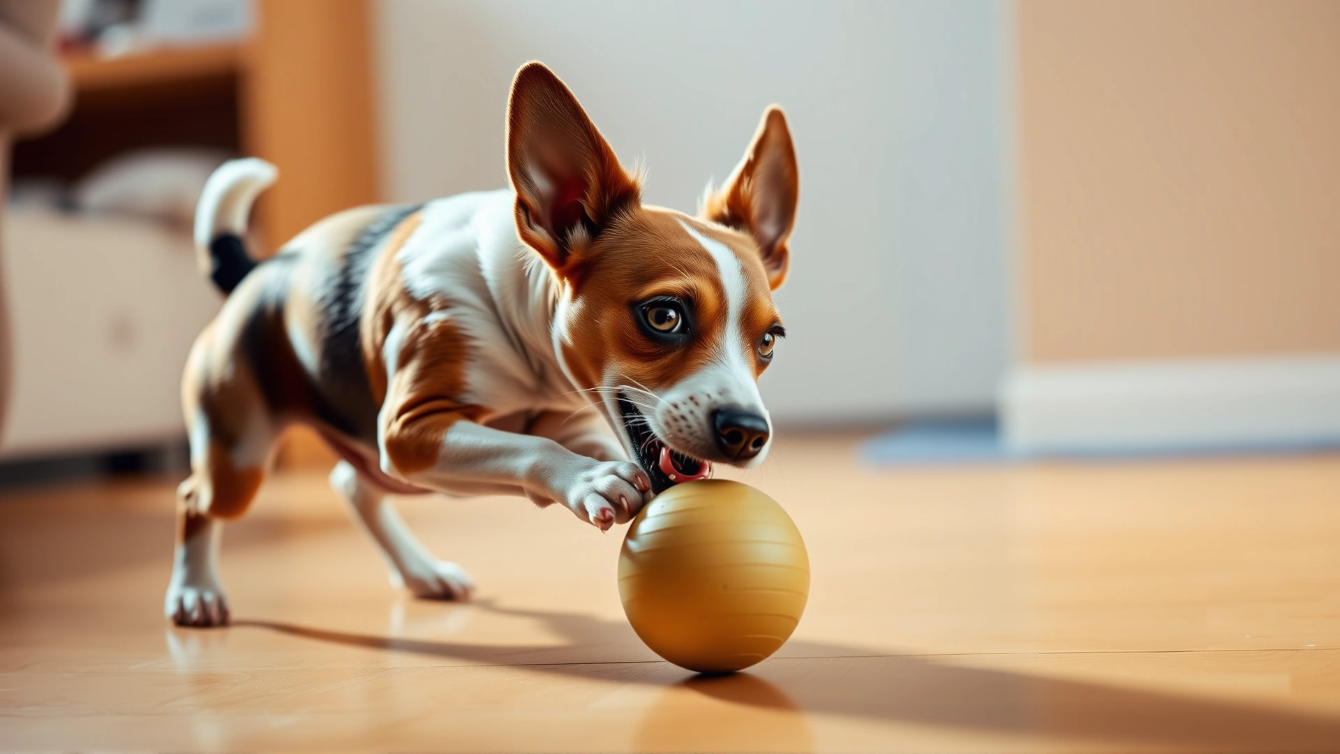 Toy Fox Terrier playing with a rubber ball indoors on wooden floor, motion blur, warm lighting, no text