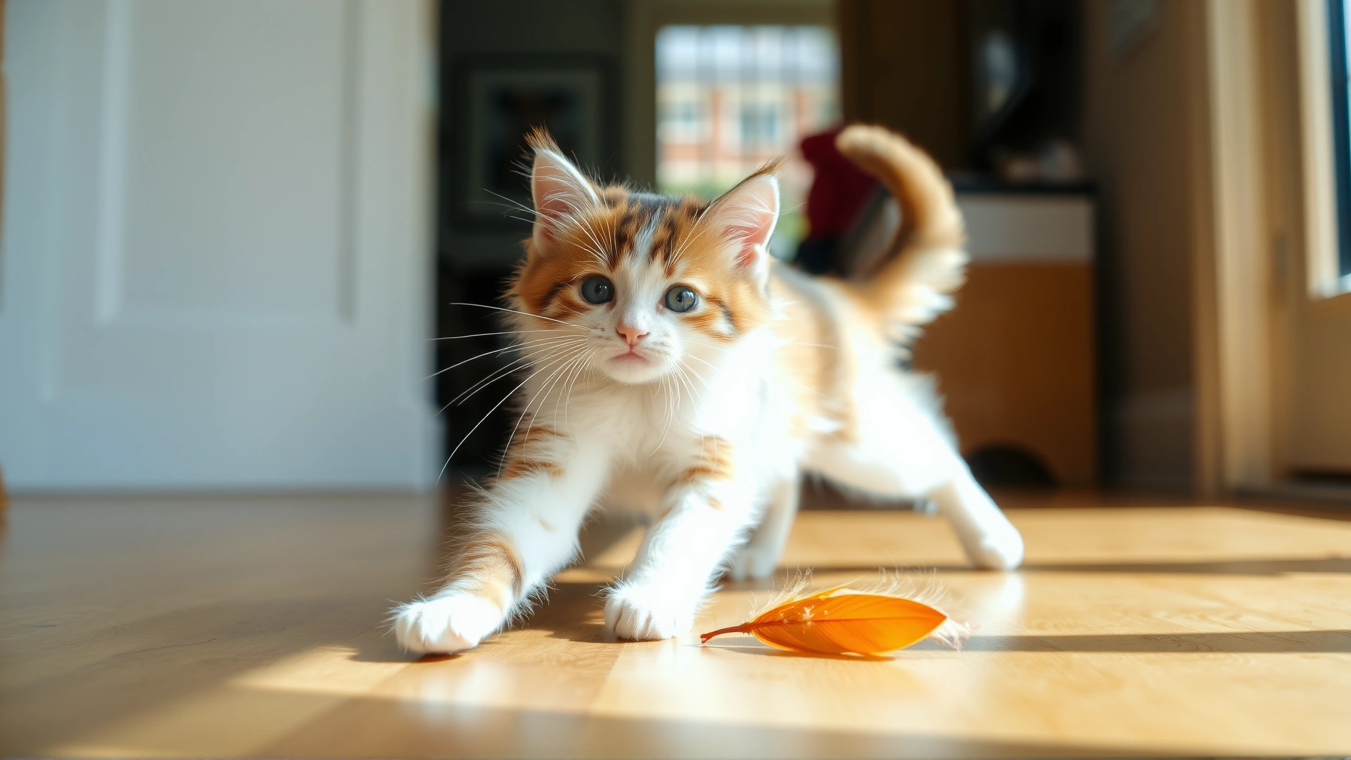Turkish Van kitten playfully chasing a feather toy indoors on a wooden floor with bright natural light