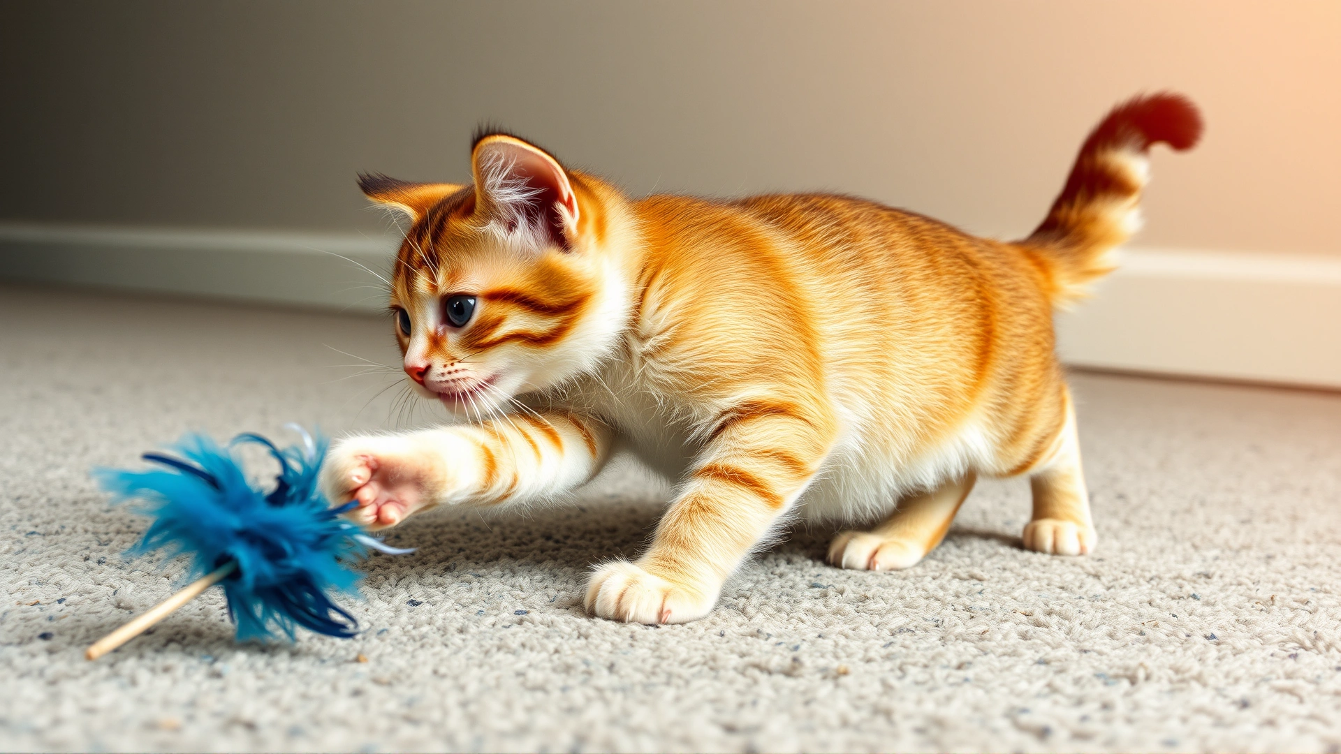 Photo of a playful young cat chasing an interactive feather toy on a carpet, appearing active and healthy