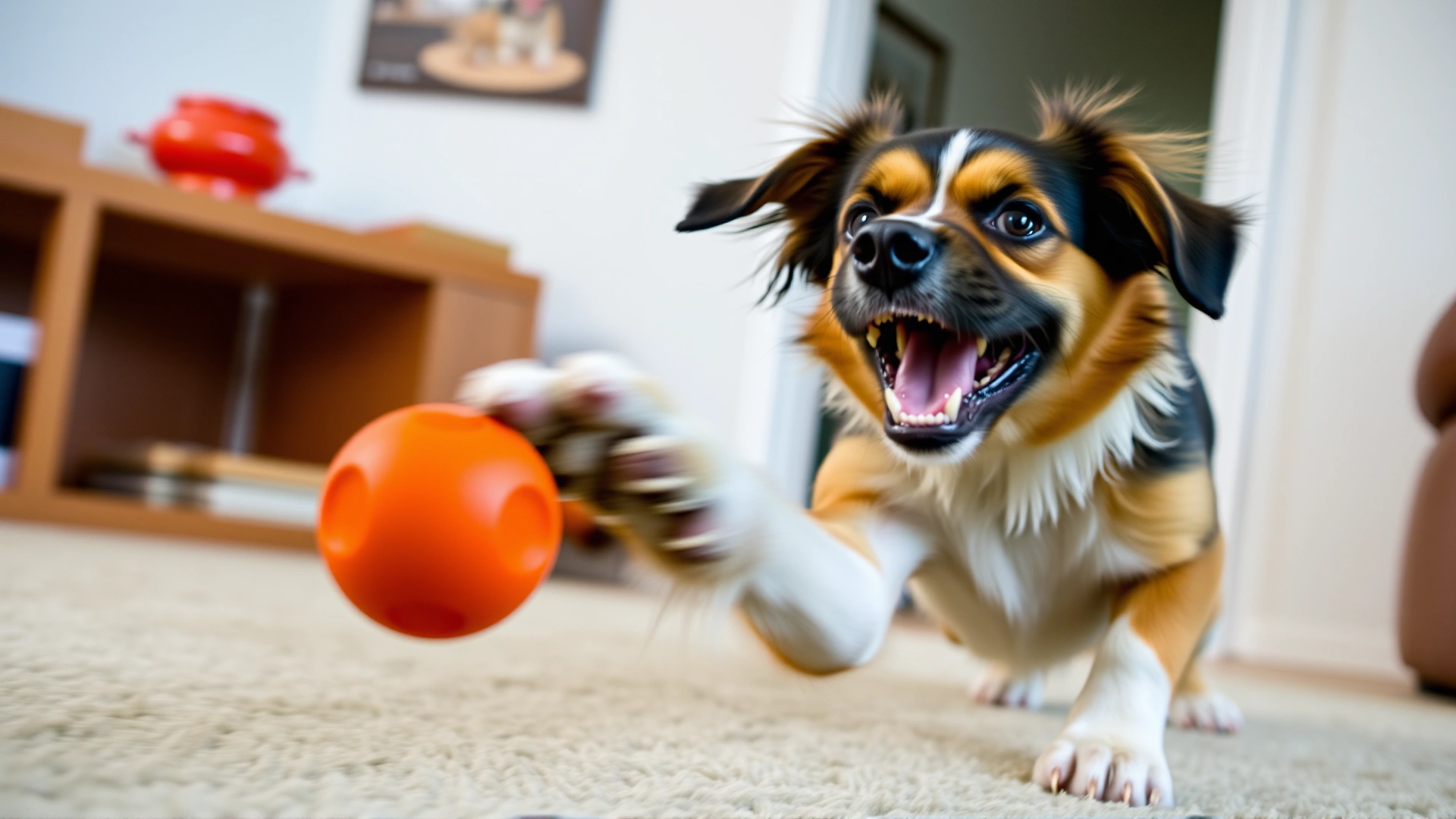 Medium shot of an energetic mixed-breed dog batting a treat-dispensing ball with its paw indoors, motion blur capturing action