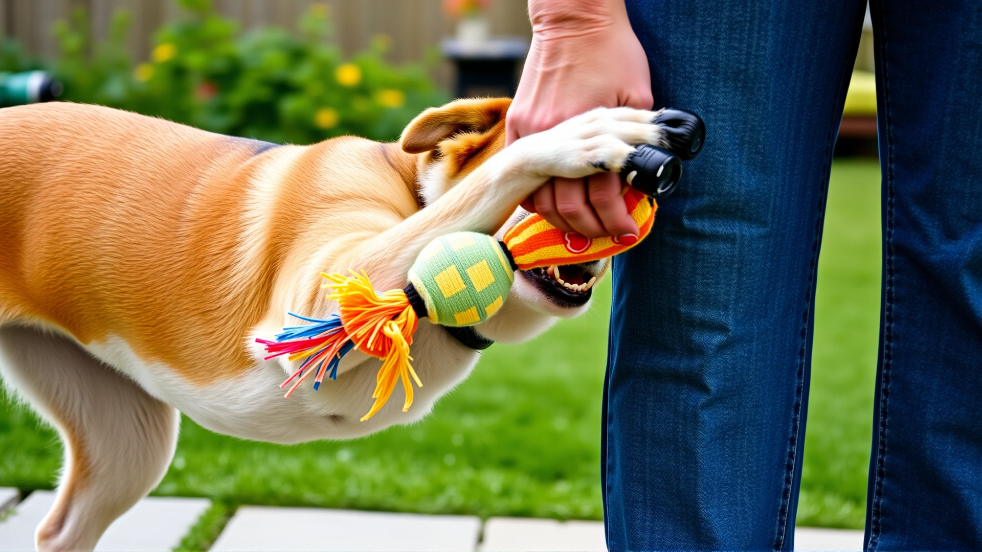 Energetic dog nudging its owner with a paw while holding a colorful toy in its mouth in a backyard.