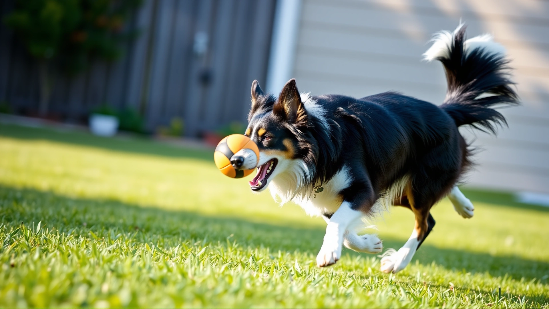 Action shot of a three-legged border collie joyfully chasing a ball across a grassy backyard
