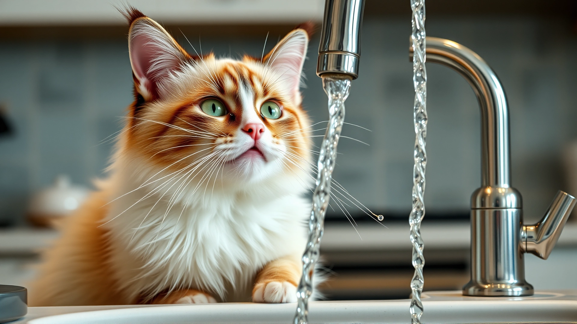 Curious Snowshoe cat batting at running water from a kitchen faucet, playful expression, modern kitchen