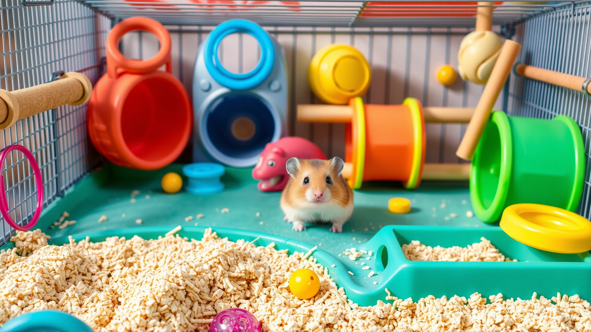 Spacious hamster playpen filled with tunnels, chew toys and bedding, with a happy hamster exploring, bright and colorful.