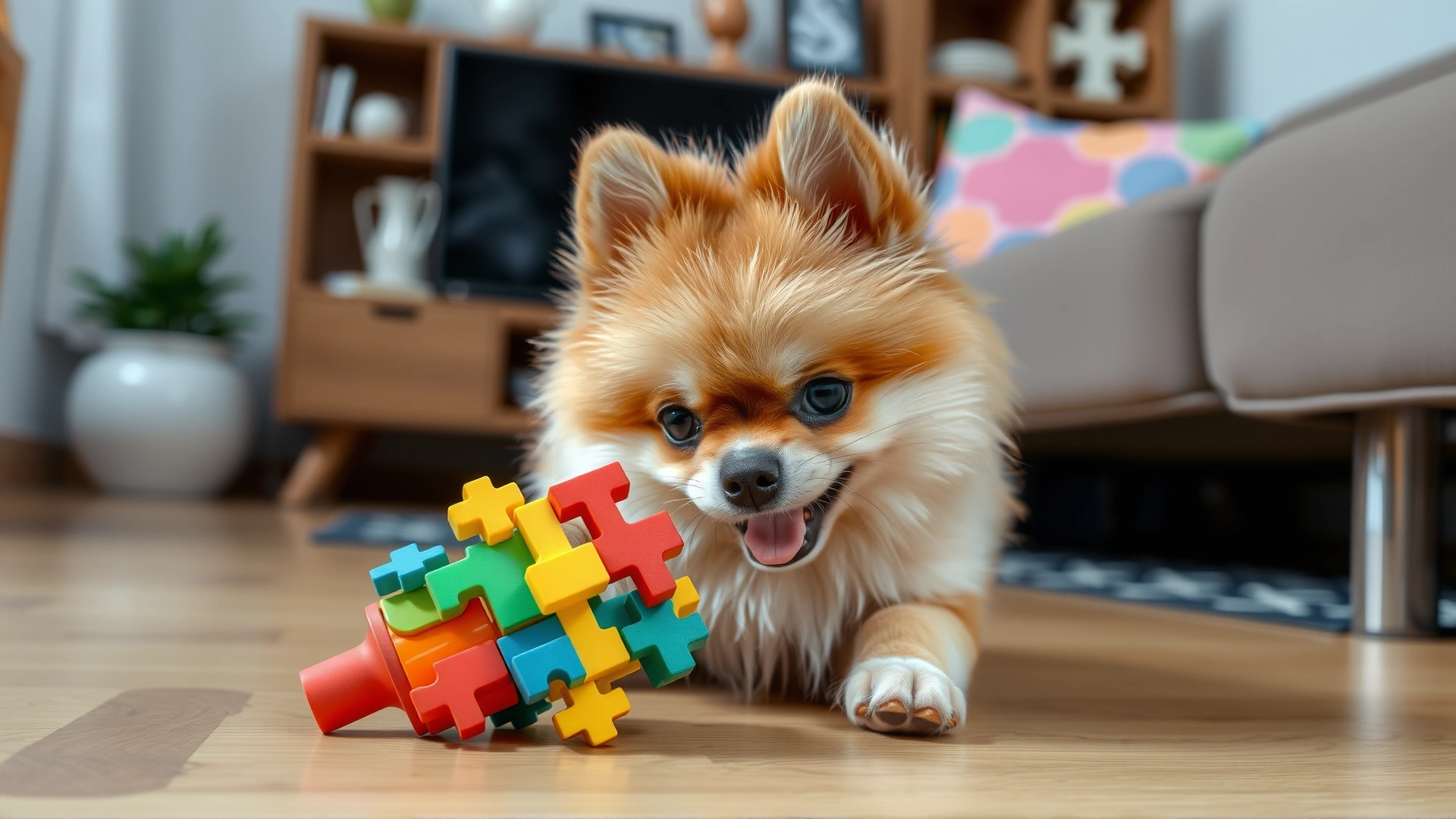 Pomchi dog playing with a colorful interactive puzzle toy on a living room floor