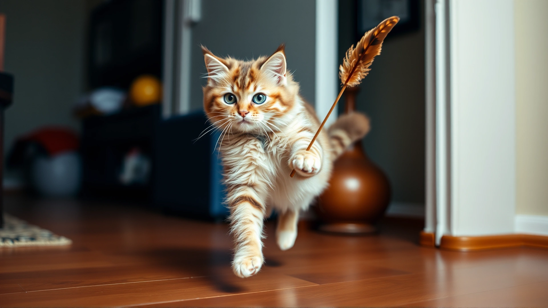 American Curl cat leaping after a feather wand toy indoors