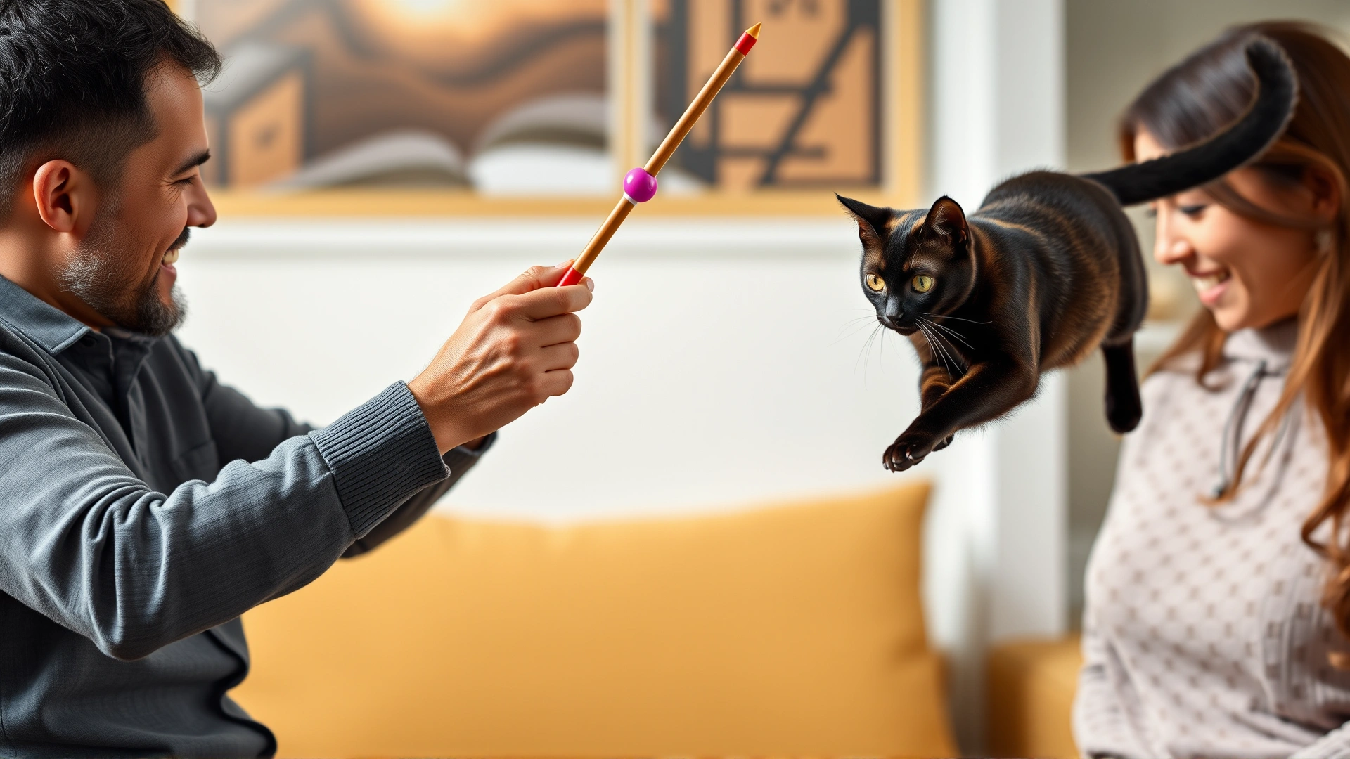 Family engaging with a wand toy while their Bombay cat leaps mid-air, highlighting the breed's athleticism.