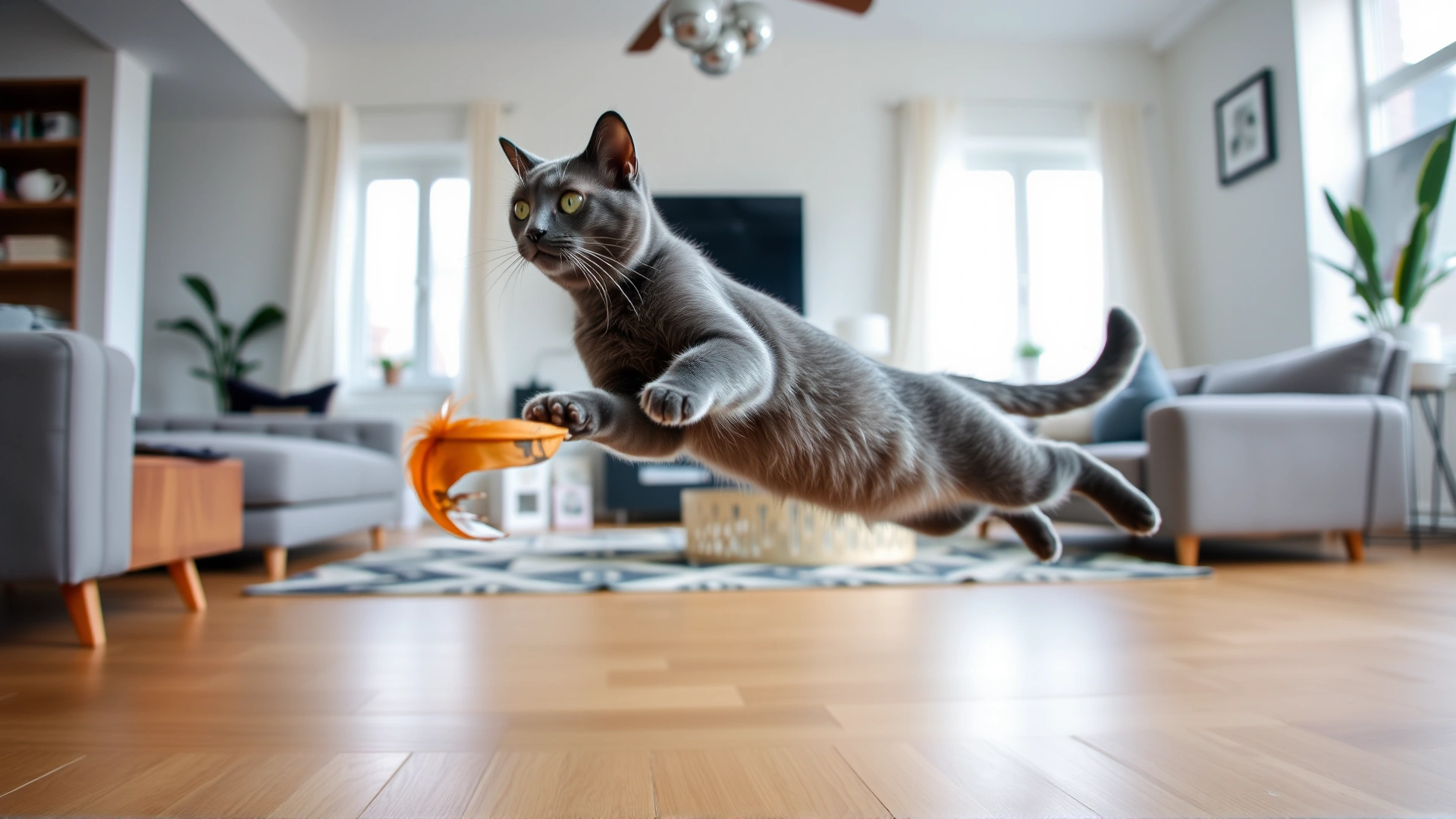 Chartreux cat leaping mid-air while chasing a feather toy in a bright modern living room