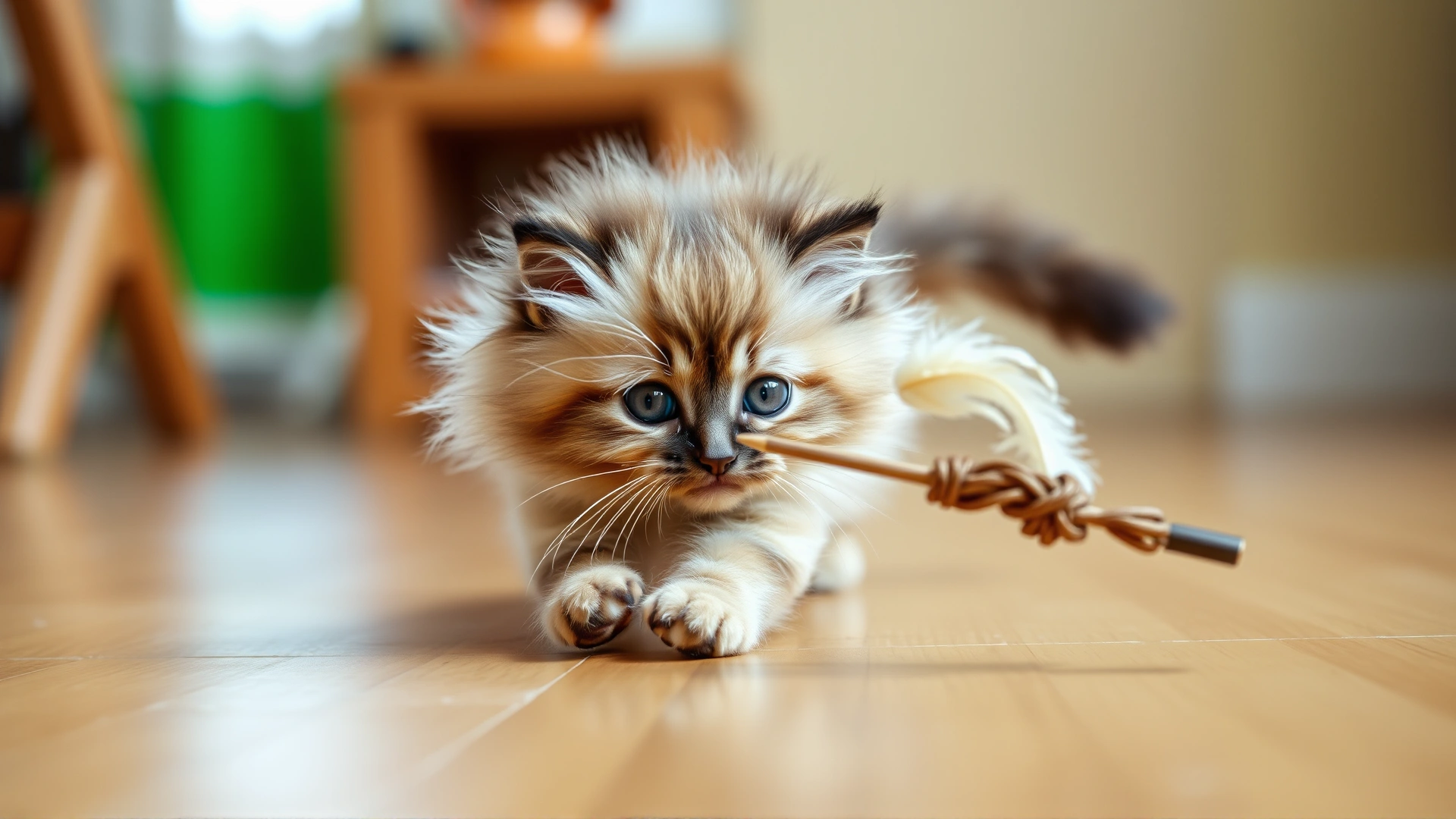Playful Himalayan kitten chasing a feather wand toy on a wooden floor, motion blur on the toy to emphasize action.